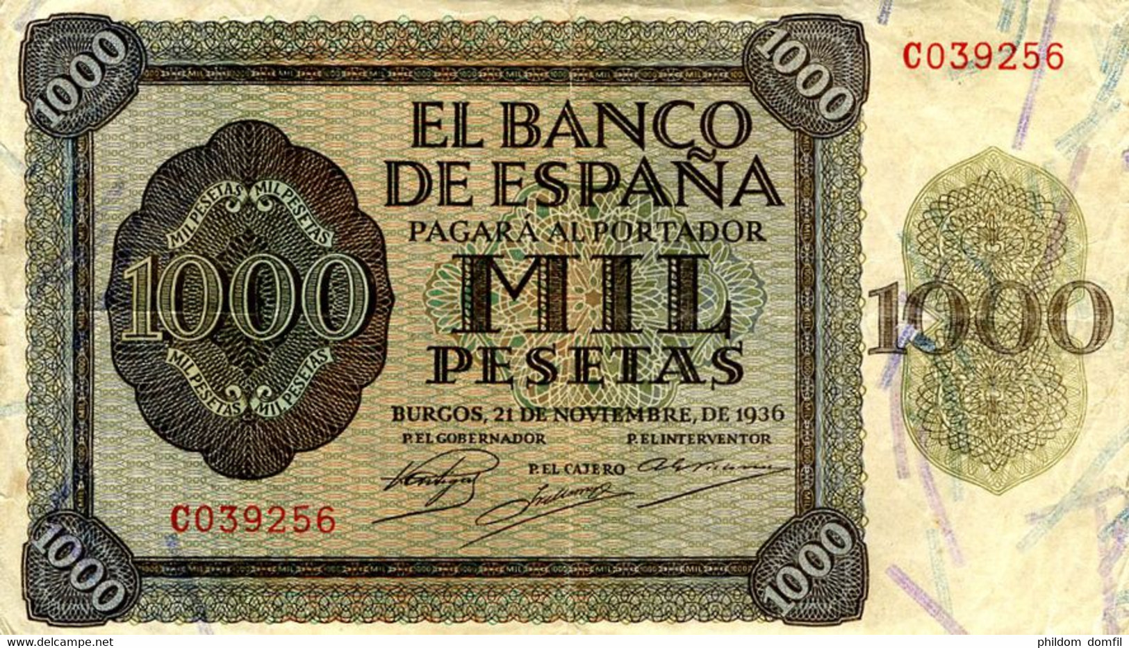 Ref. 215-657 - BIN SPAIN . 1936. 1000 Pesetas Estado Espa�ol 21st November 1936. 1000 Pesetas Estado Espa�ol 21 De Novie - 1000 Pesetas