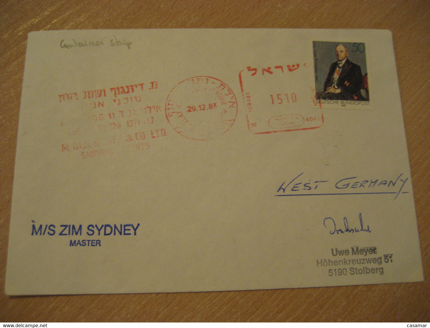 ZIM SYDNEY MS Australia Container Ship Cover ISRAEL 1983 Cancel GERMANY - Barche