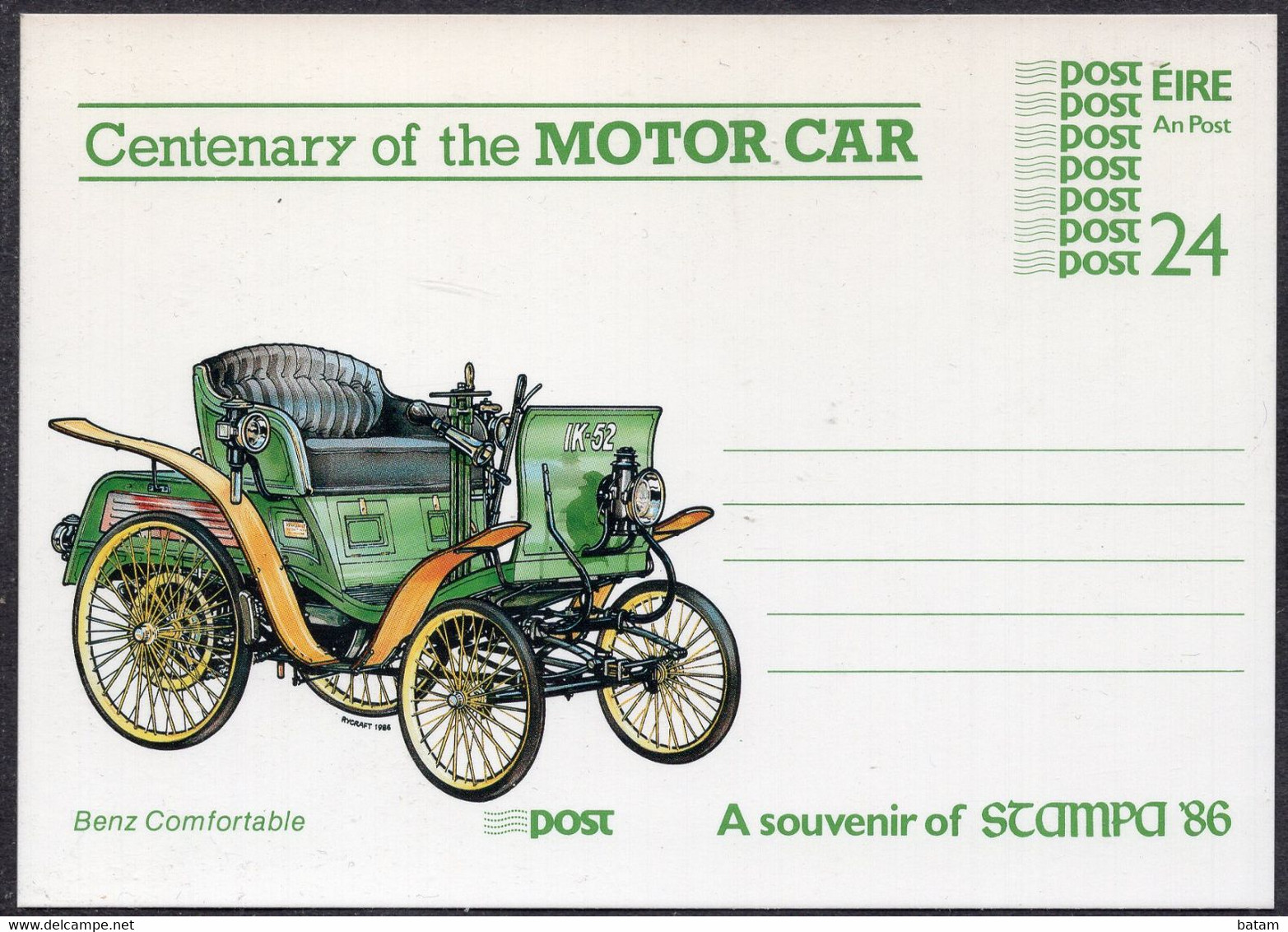 116 - Ireland 1986 - Motor Car - Benz Comfortable - Postal Stationery Card - Unused - Postal Stationery