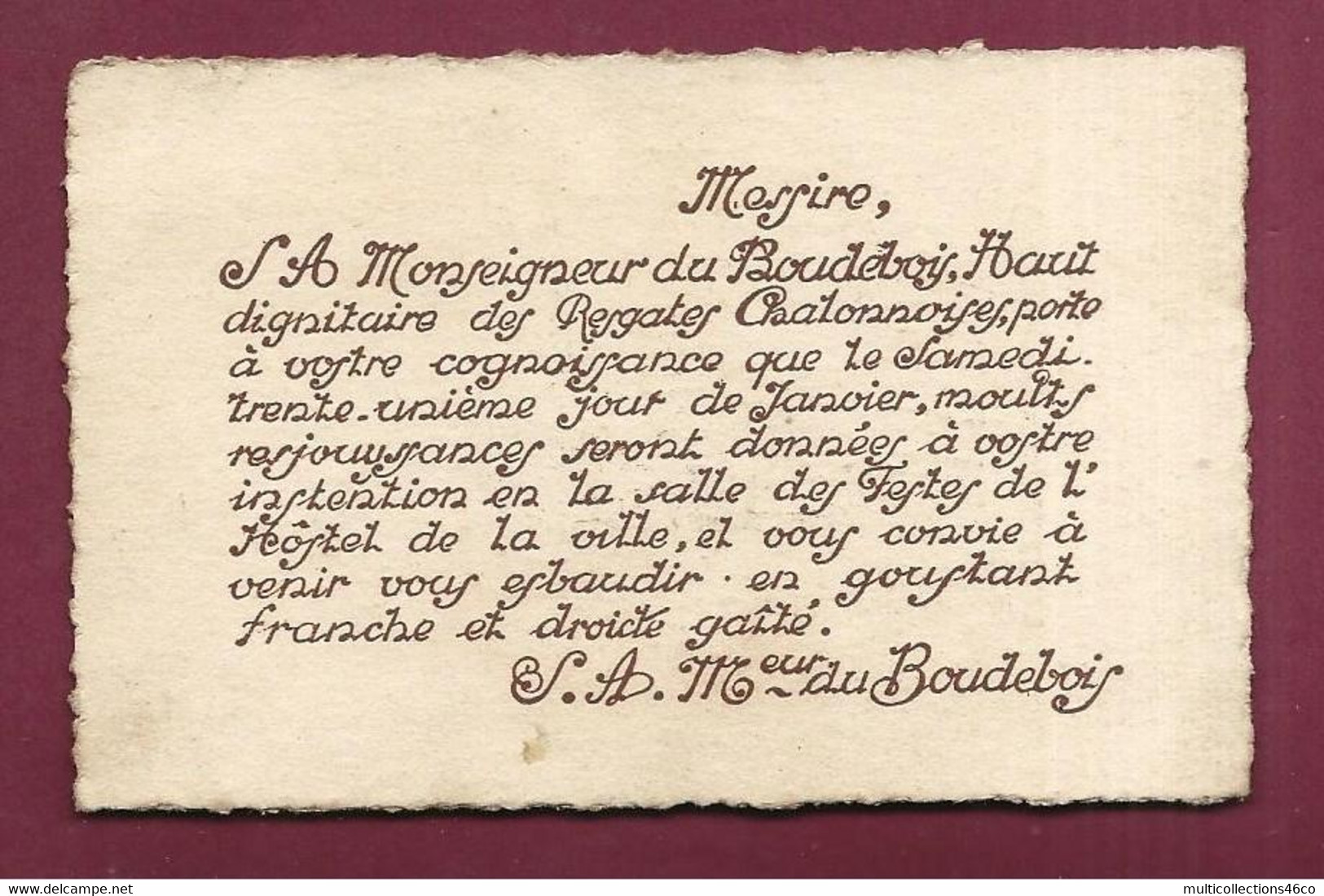 230721A - 38 CHATONNAY - CARTE INVITATION à Monseigneur Du Boudebois Régates Chatonnoises - Drapeau - Châtonnay