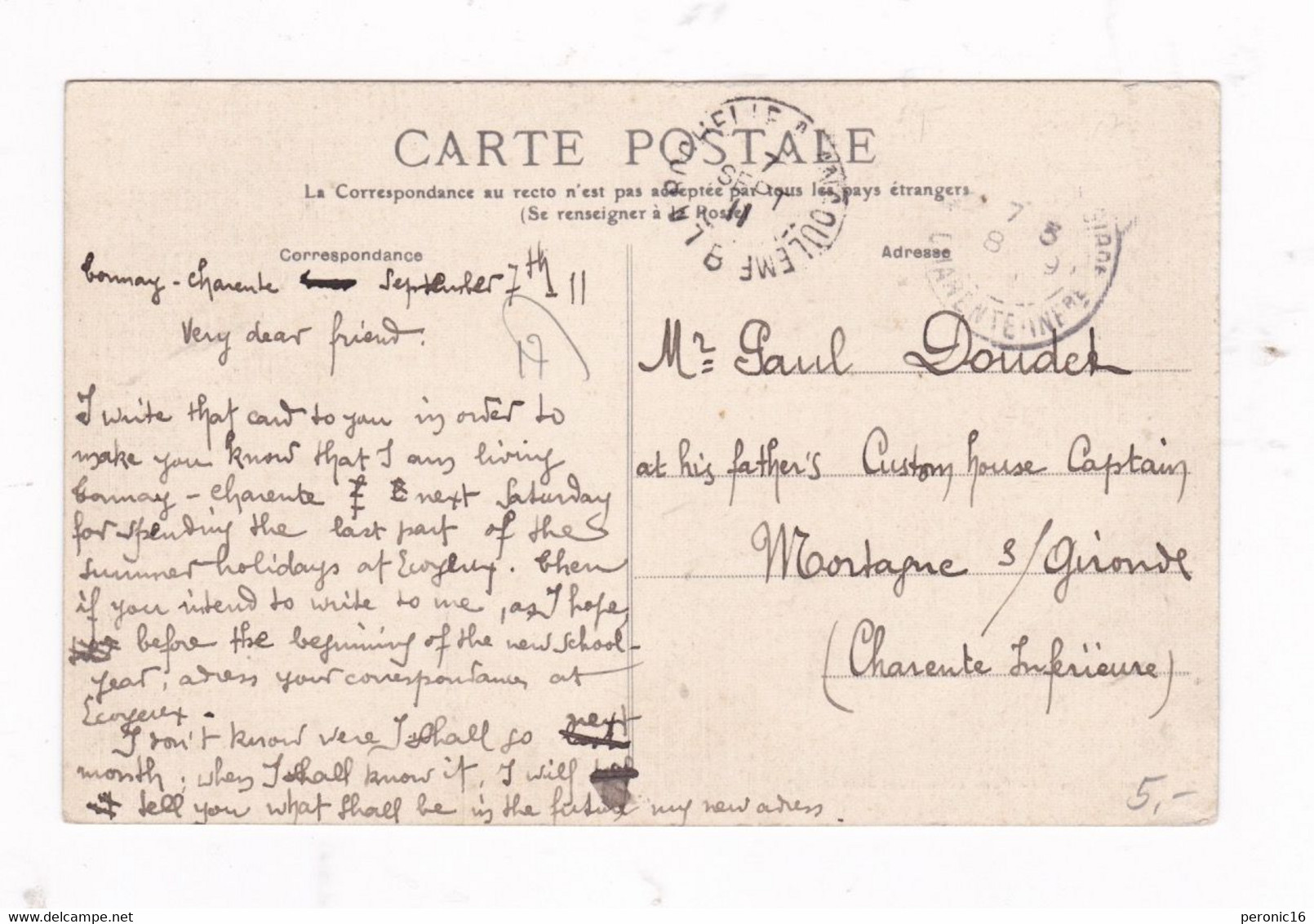 CPA Colorisée Tonnay-Charente (17), Hôtel De Ville. A Voyagé En 1911 - Andere & Zonder Classificatie