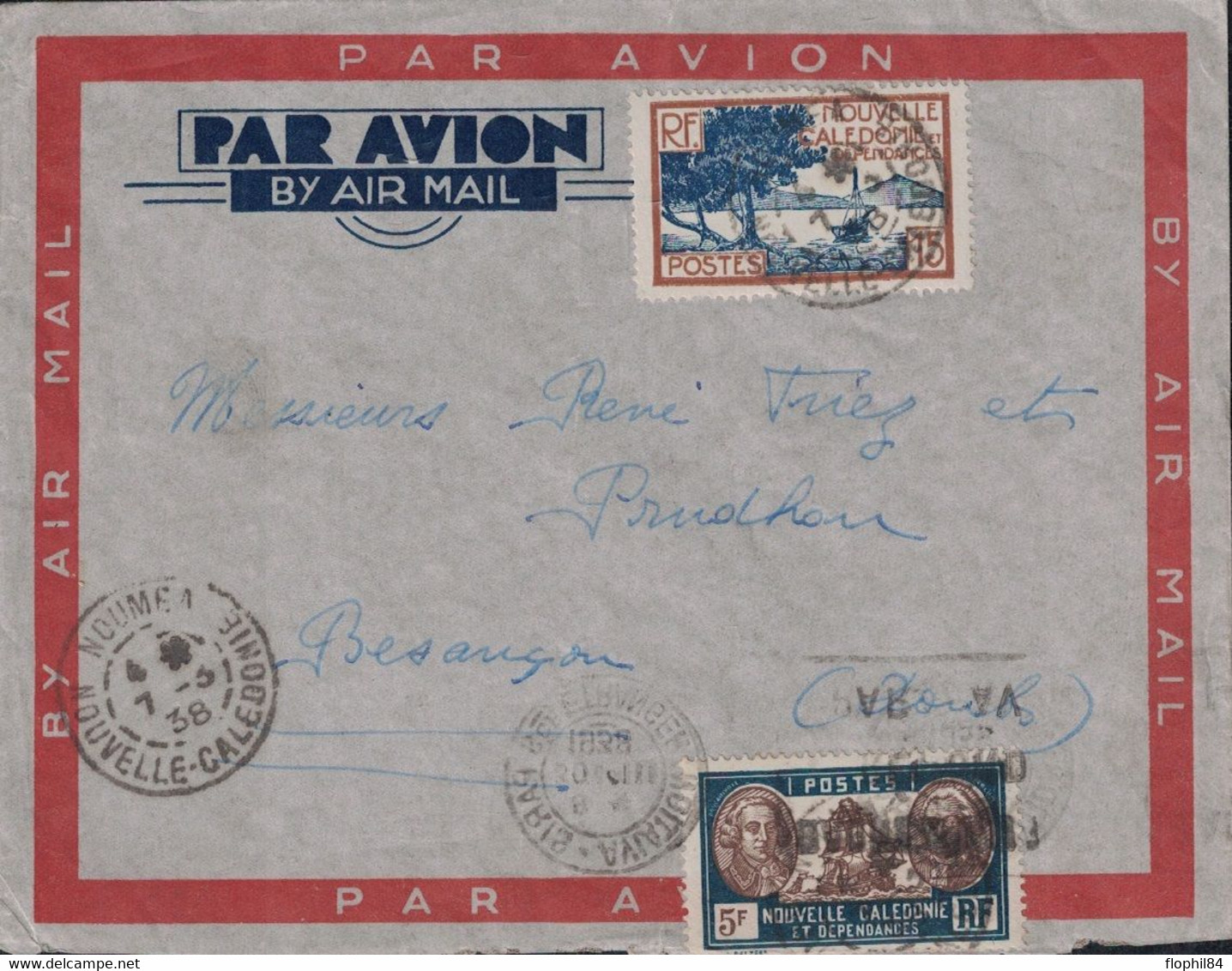 NOUVELLE CALEDONIE - NOUMEA - LE 7-3-1938 - ENVELOPPE AVION POUR LA FRANCE - VERSO PARIS AVIATION. - Cartas & Documentos