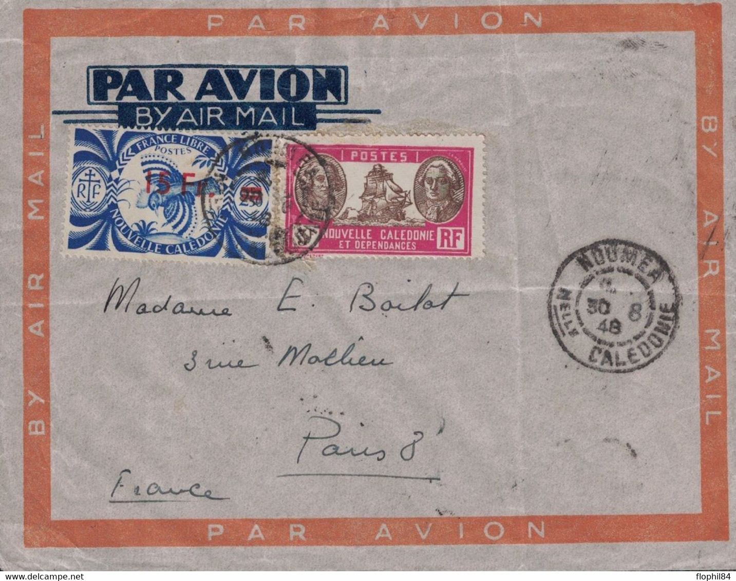 NOUVELLE CALEDONIE - NOUMEA - LE 30-6-1948 - ENVELOPPE AVION POUR LA FRANCE - LE 15F/2F50 OUTREMER COTE 50€ SUR LETTRE E - Lettres & Documents