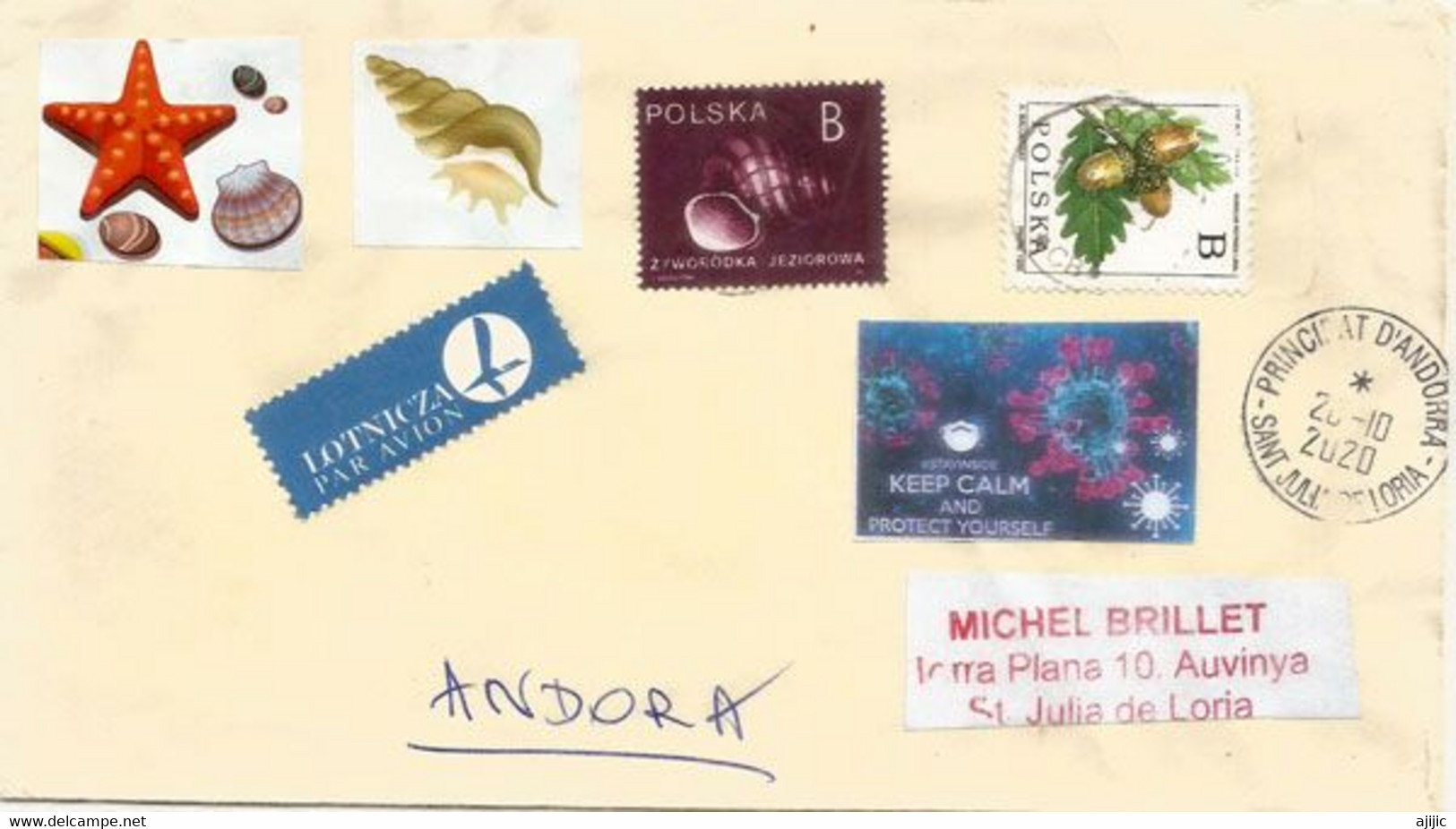 Lettre De Pologne Adressée En Andorre (Octobre 2020) Pendant Lockdown épidemie Covid-19, Avec Sticker De Prevention - Storia Postale