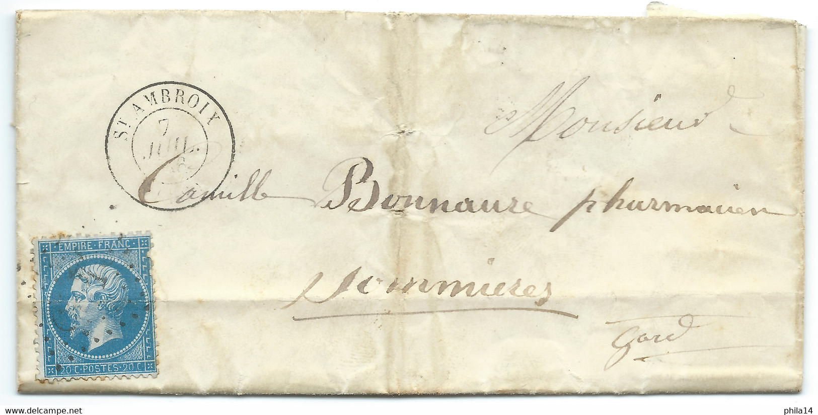 N° 22 BLEU NAPOLEON SUR LETTRE / SAINT AMBROIX GARD POUR SOMMIERES / 1866 - 1849-1876: Classic Period