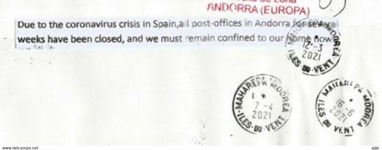 Lettre D'ANDORRE, Adressée à Maharepa,Moorea (Tahiti), Return To Sender,avec Vignette Prevention Covid-19 - Lettres & Documents