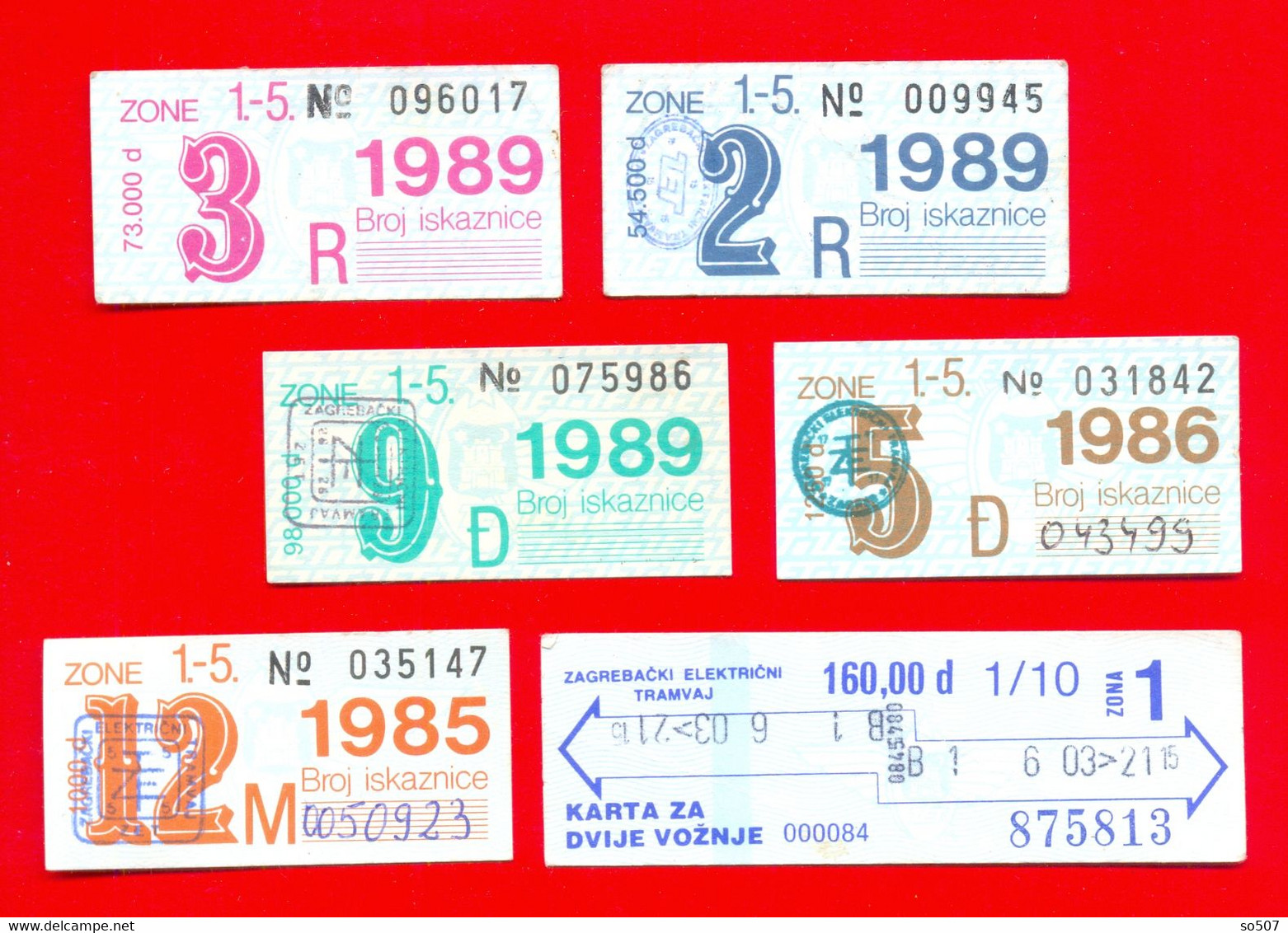 X2-Lot 6 Pieces Vintage City Transportation Z.E.T.- Zagreb Electric Tram,Tramway,Tram Car Ticket, Croatia ,Ex Yugoslavia - Europe