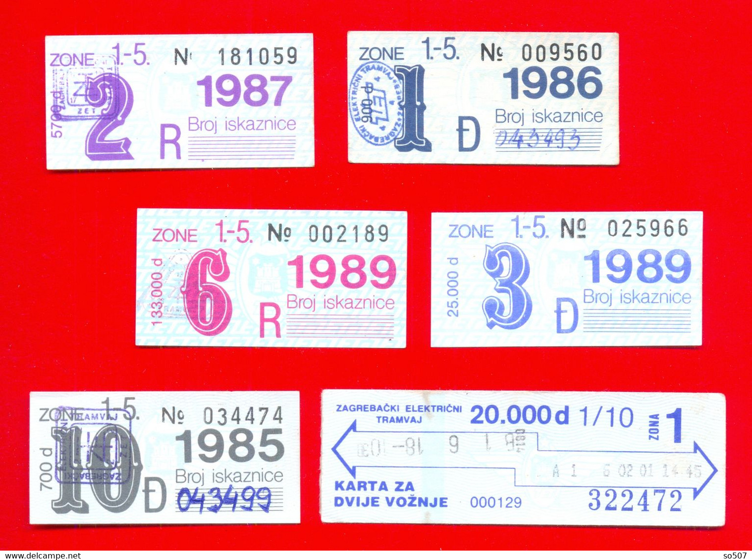 X2-Lot 6 Pieces Vintage City Transportation Z.E.T.- Zagreb Electric Tram,Tramway,Tram Car Ticket, Croatia ,Ex Yugoslavia - Europa