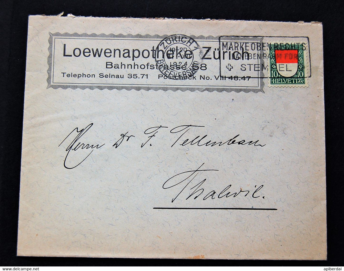 Suisse Switzerland - Timbre De 10c 1924 Pro Patria Seul Sur Lettre - Cartas & Documentos