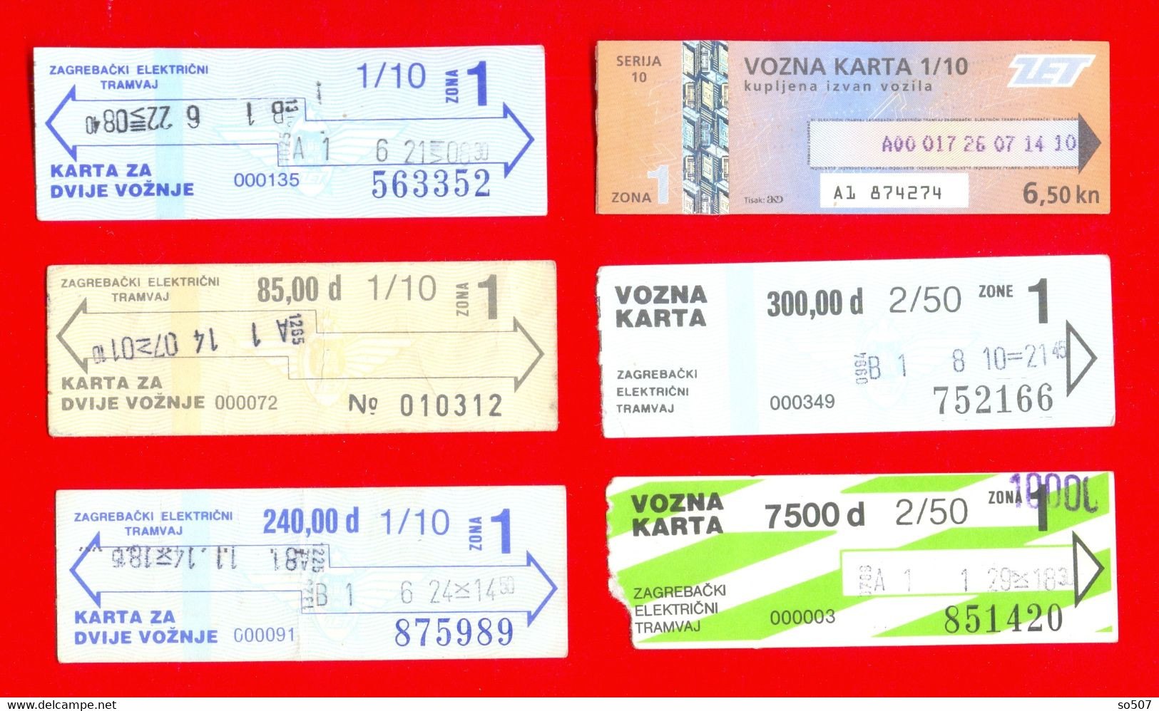 X2-Lot 6 Pieces Vintage City Transportation Z.E.T.- Zagreb Electric Tram,Tramway,Tram Car Ticket, Croatia ,Ex Yugoslavia - Europa