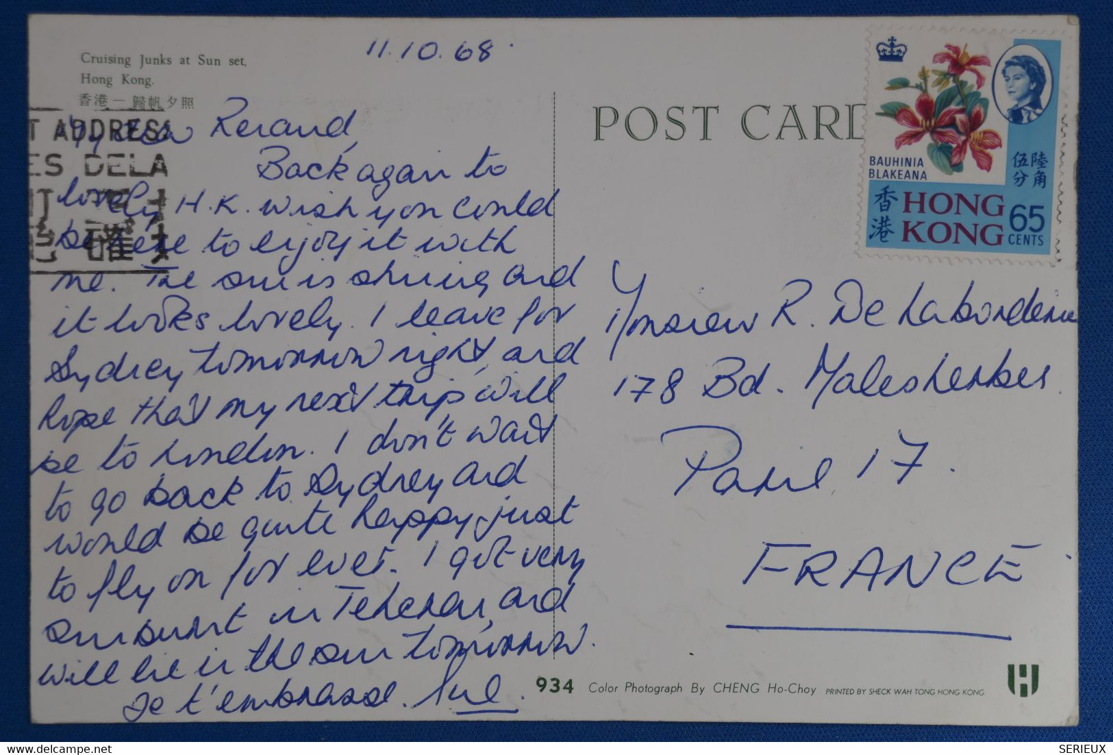 X10 CHINA BELLE LETTRE HONG KONG     1968    POUR PARIS FRANCE +++  AFFRANCHISSEMENT  INTERESSANT - Briefe U. Dokumente