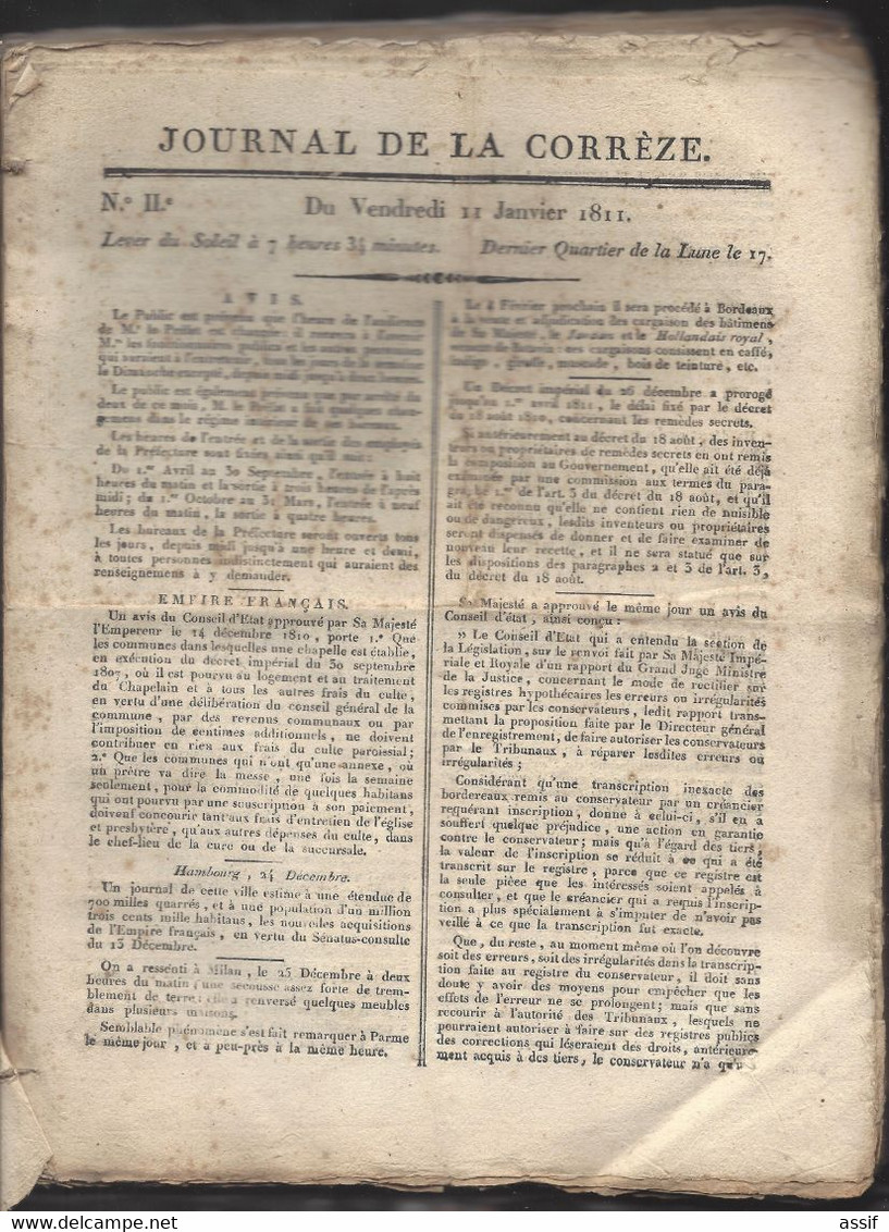 1er Empire - 1811  " Journal De La Corrèze "  Pages 3 à 260 ( Manque Feuille P. 1 Et 2 ), à Tulle , Chez Chirac , Imp. - Historical Documents