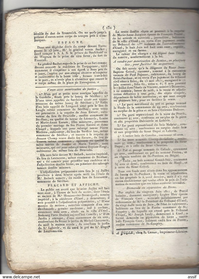 1er Empire - 1811  " Journal De La Corrèze "  Pages 3 à 260 ( Manque Feuille P. 1 Et 2 ), à Tulle , Chez Chirac , Imp. - Documents Historiques