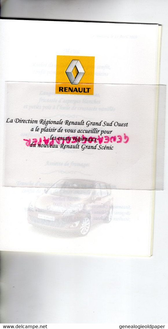 24- LE BUISSON DE CADOUIN- MENU LE MANOIR DE BELLERIVE-HOTEL RESTAURANT - PRESSE RENAULT GRAND SCENIC-2009 - Menus