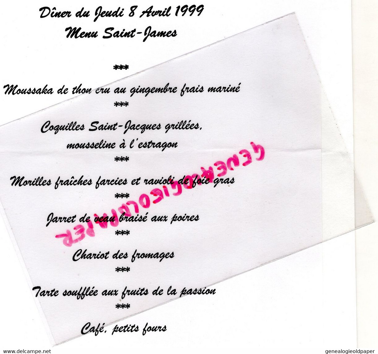 33- BOULIAC - MENU HOTEL RESTAURANT SAINT JAMES - JEAN MARIE AMAT- 1999- CHATEAU DE ROCHEMORIN 1995 - Menus