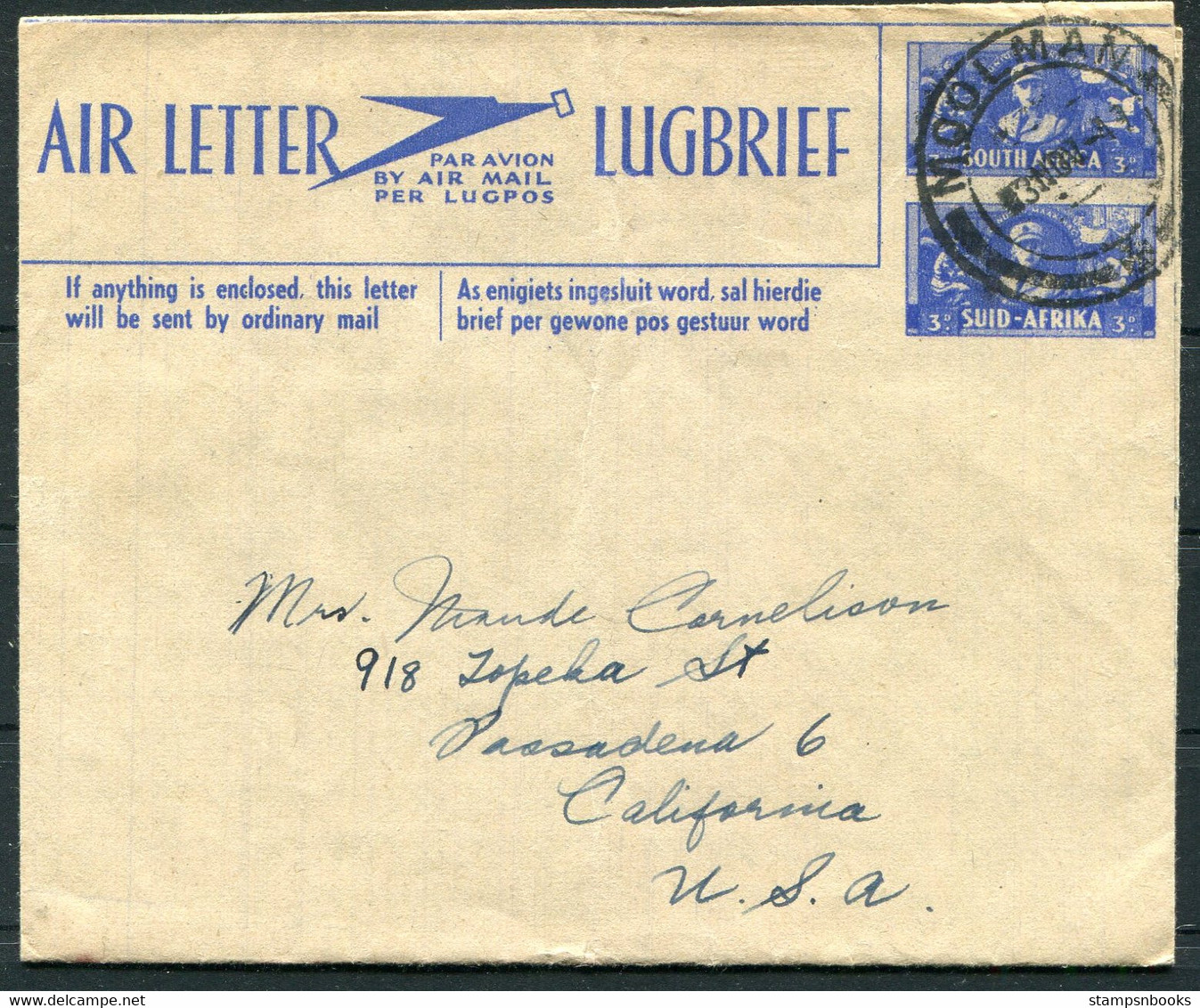 1947 South Africa Air Letter Lugbrief Stationery Moolman - Passadena USA - Poste Aérienne