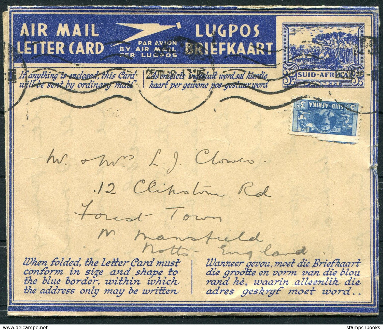 1946 South Africa Upgraded Air Letter Lugbrief Stationery - Mansfield England - Poste Aérienne