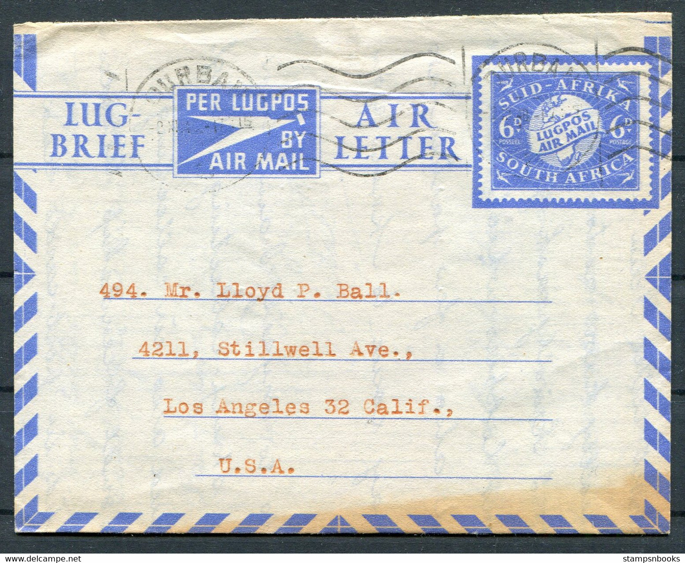 South Africa 6d Air Letter Lugbrief Stationery Durban - Los Angeles USA - Airmail