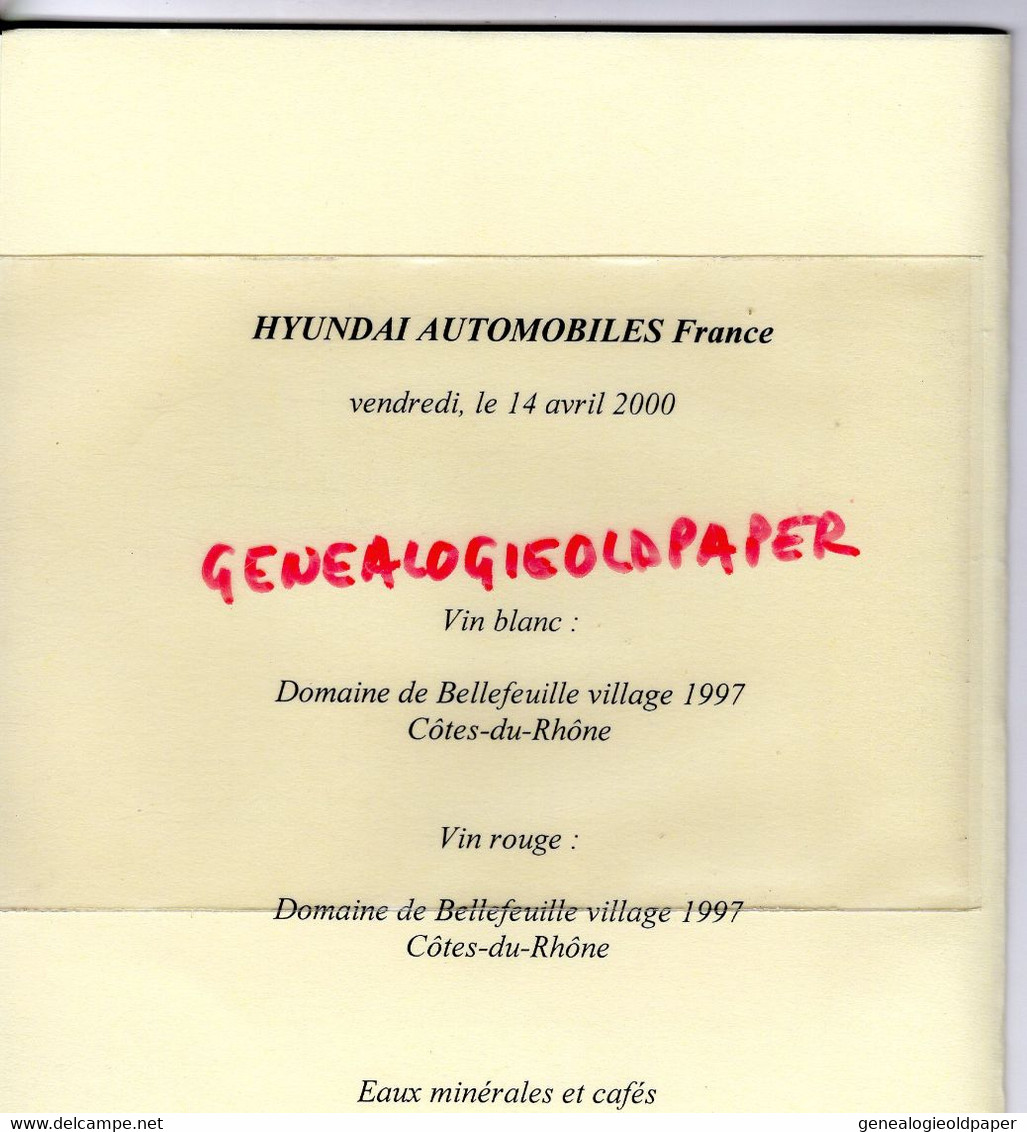 30- BAGNOLS SUE CEZE- RARE MENU LES JARDINS DE MONTCAUD CHATEAU-HAMEAU DE COMBE SABRAN- HUYNDAI 14 AVRIL 2000 - Menus