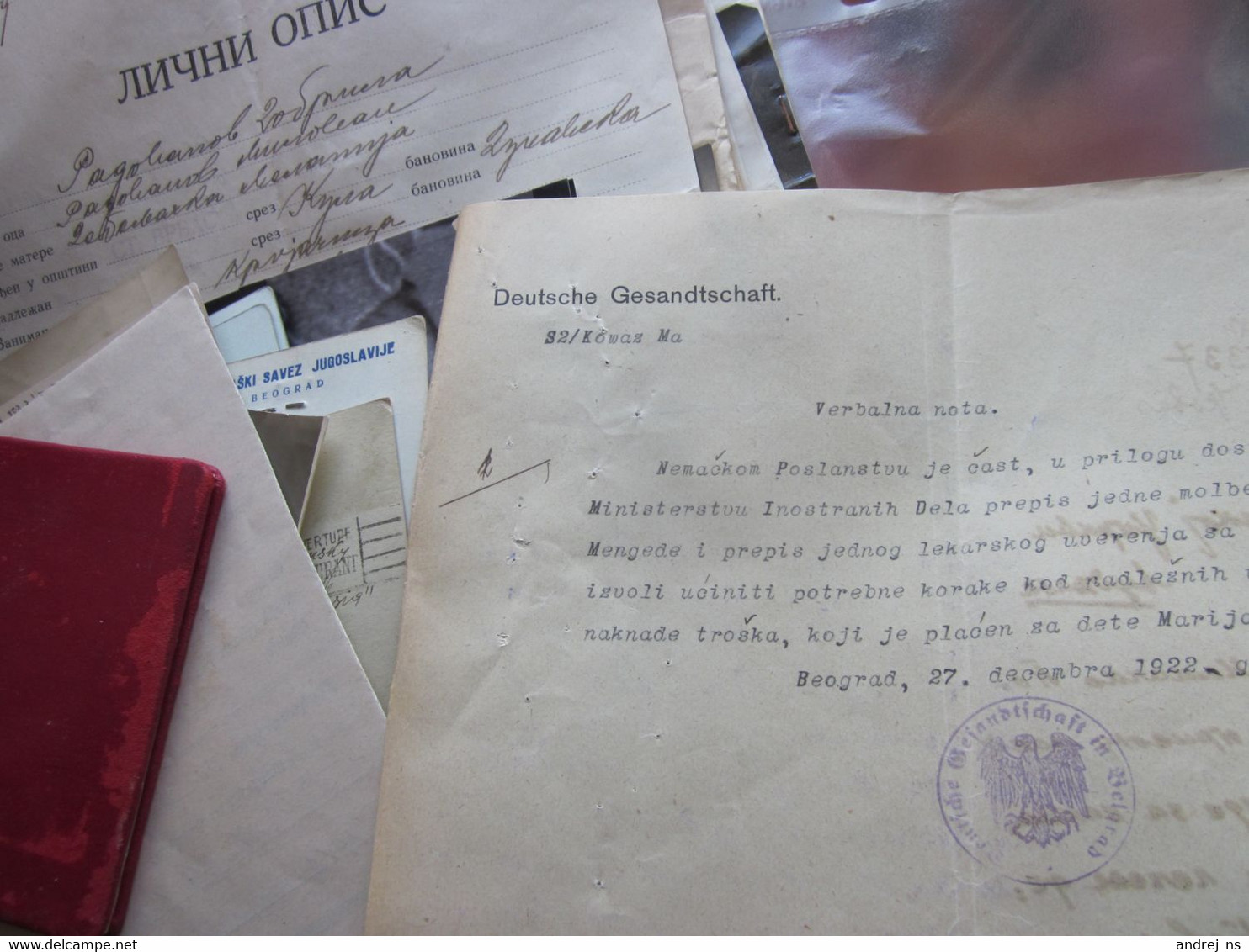 Deutsche Gesandtschaft Beograd Verbalna Nota 1922 - Andere & Zonder Classificatie