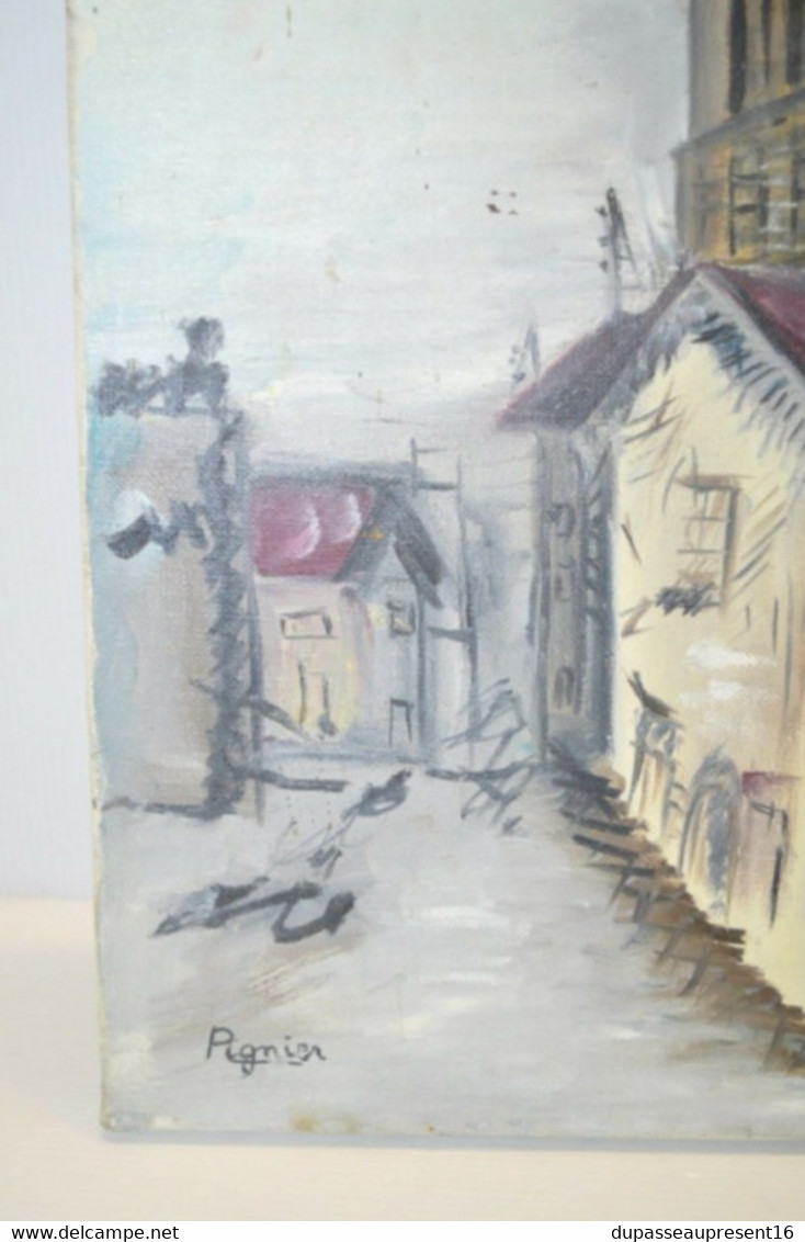 HST TABLEAU Rue De VILLAGE Clocher D'Eglise Signé PIGNIER XXe Déco Collection Huile Sur Toile - Olii