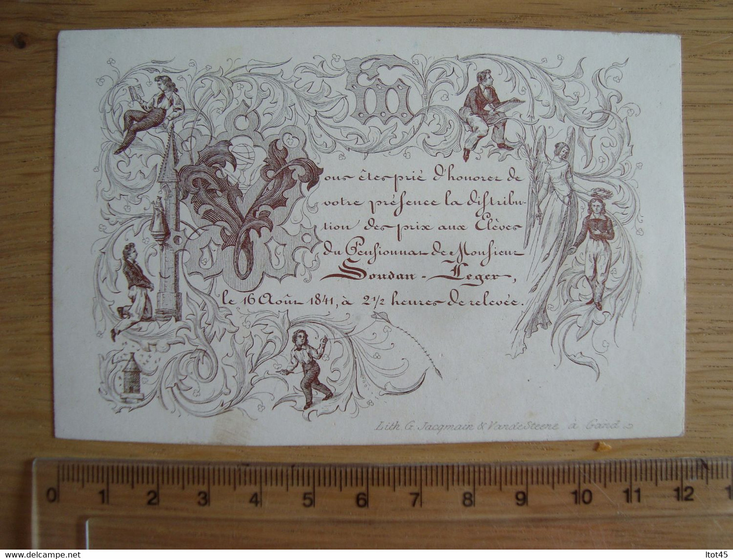 FAIRE-PART CARTE PORCELAINE DISTRIBUTION PRIX LITH. G. JACQMAIN GAND VERS 1840 - Other & Unclassified