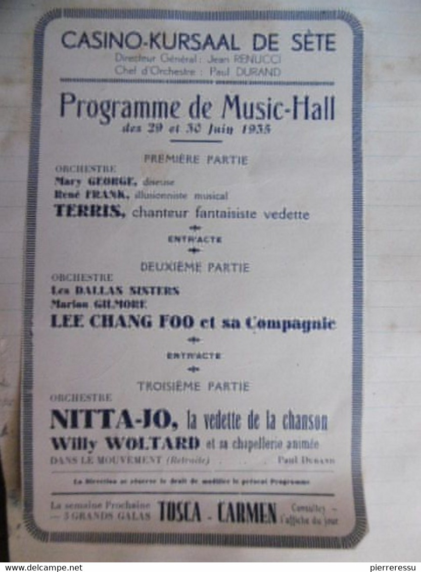 SETE CASINO KURSAAL PROGRAMME 1935 Dim 18 X 11.5 Cm A Finir De Décollé - Programas