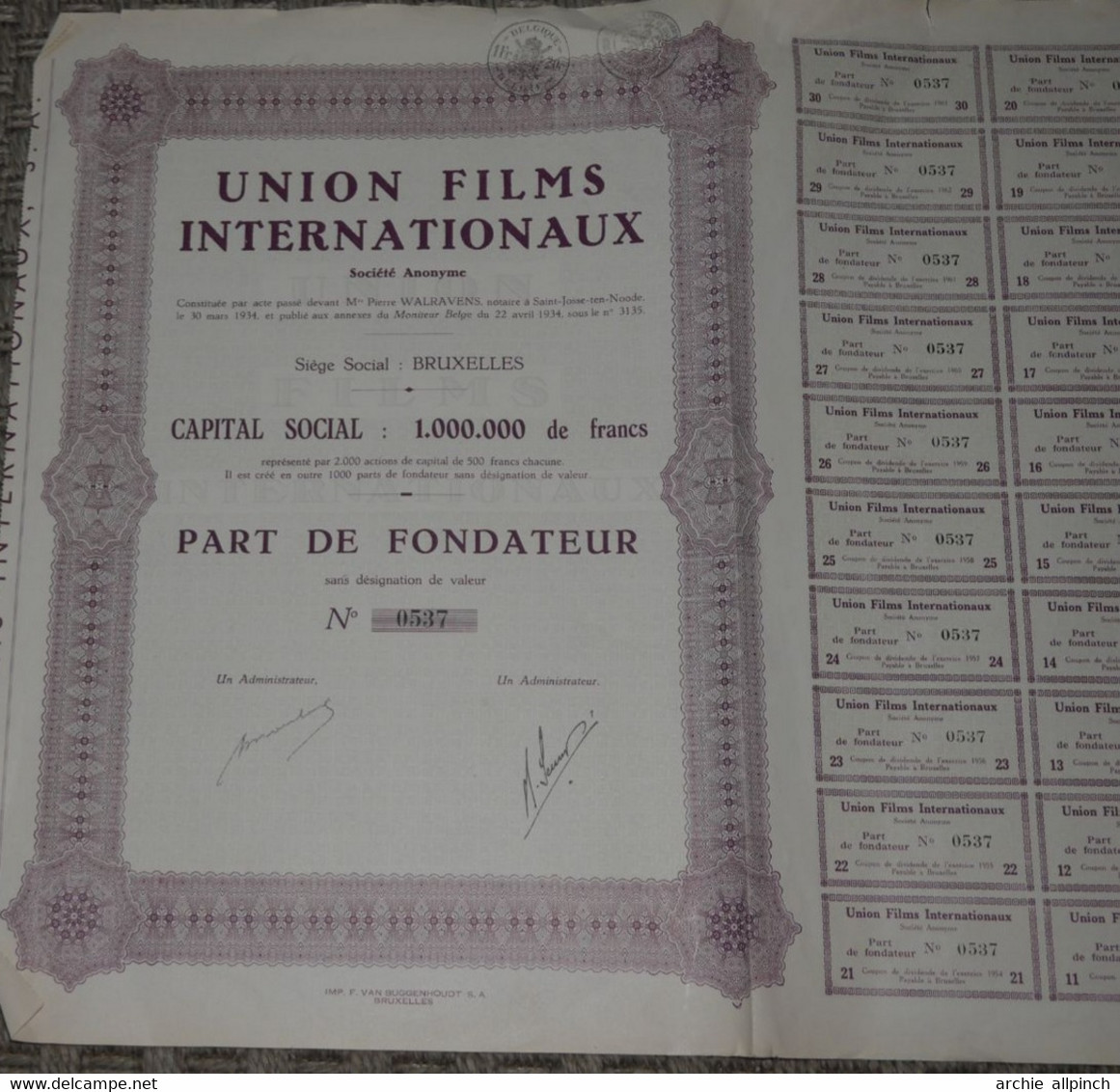 Union Films Internationaux - Part De Fondateur N° 0537 - Cinéma & Theatre