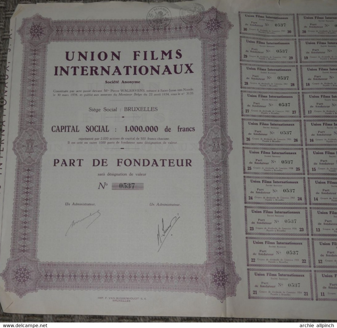 Union Films Internationaux - Part De Fondateur N° 0537 - Cinéma & Théatre