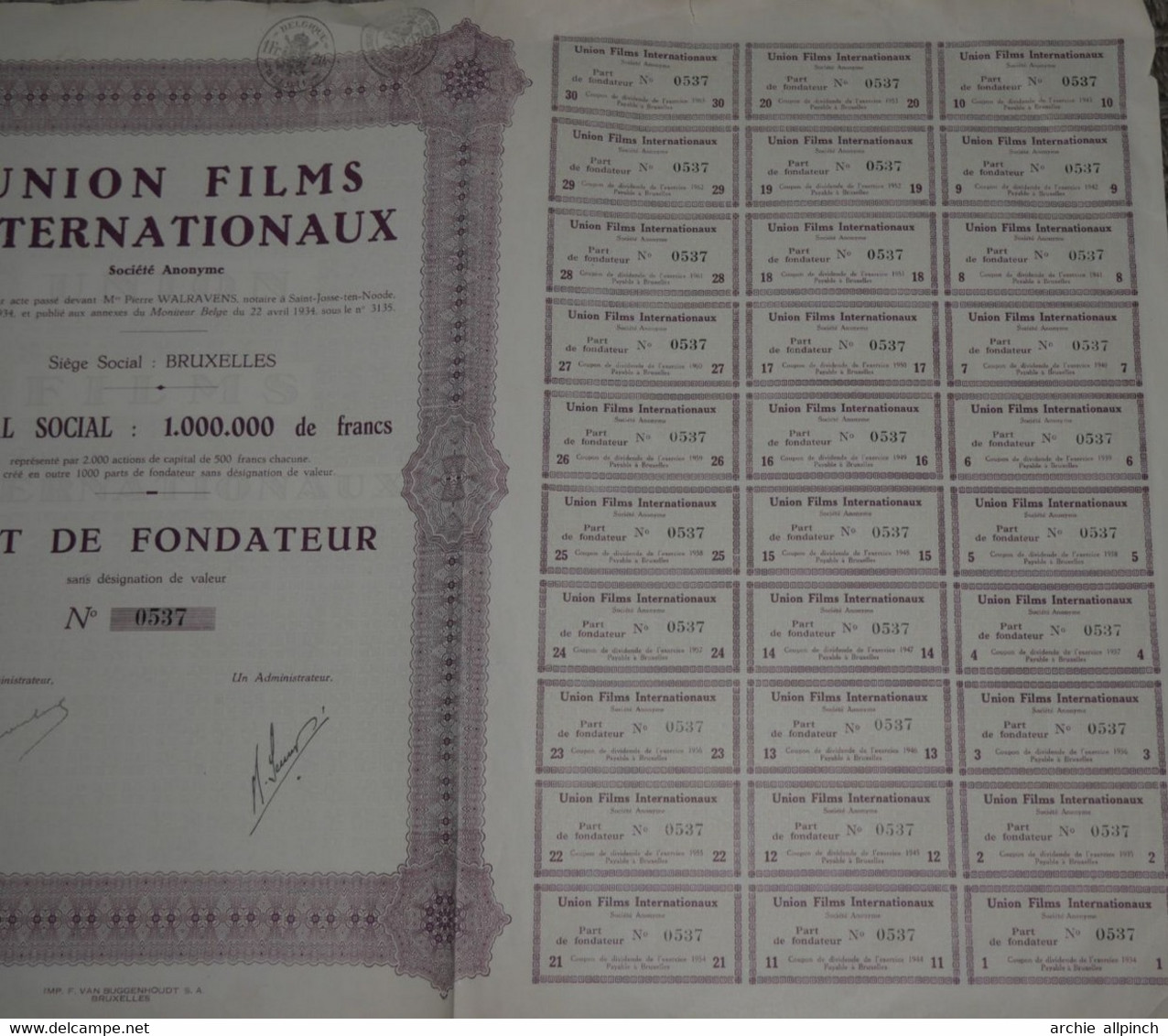 Union Films Internationaux - Part De Fondateur N° 0537 - Cine & Teatro