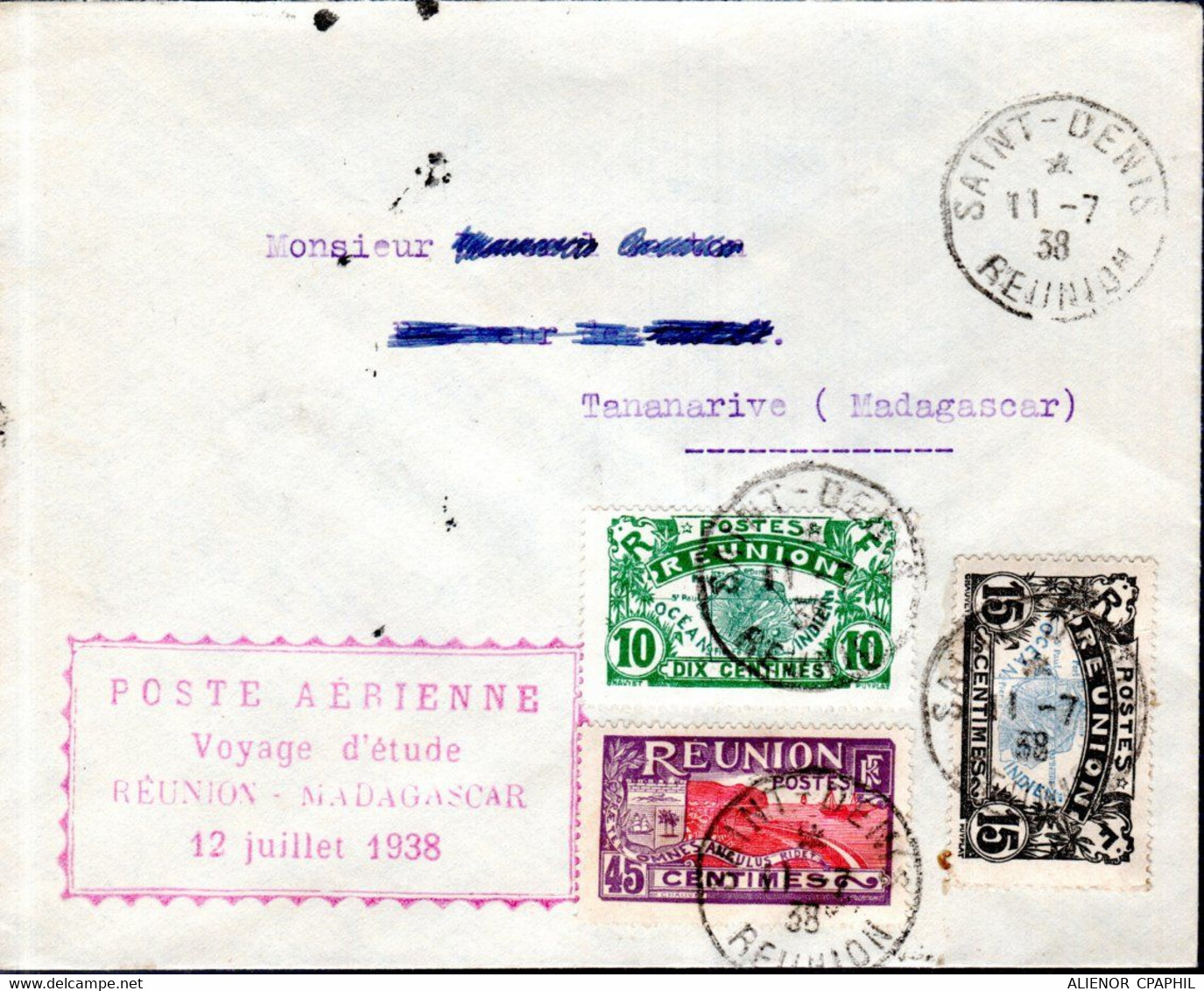 LETTRE POSTE AERIENNE 1938 - POSTEE SAINT DENIS - VOYAGE ETUDE LA REUNION A MADAGASCAR - - Airmail