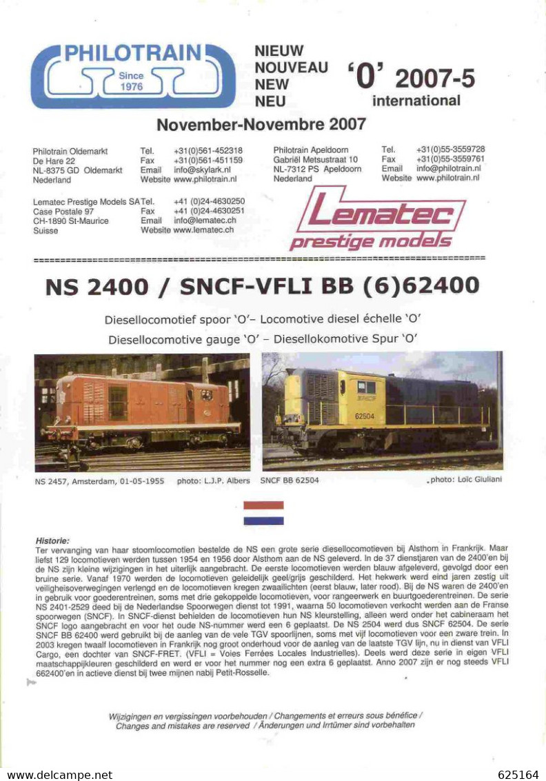 Catalogue PHILOTRAIN 2007-5 November Neuheiten LEMATEC Spur O NS 2400- En Néerlandais, Allemand, Anglais Et Français - Nederlands