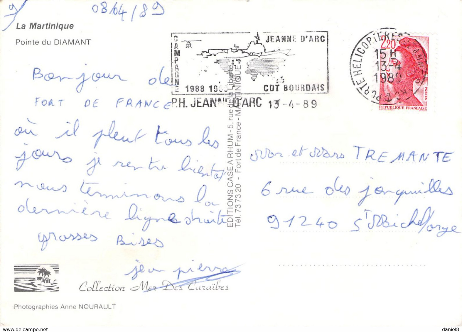 Flamme P.H. Jeanne D'Arc  Sur Carte Postale De La Martinique  04/89 - Correo Naval