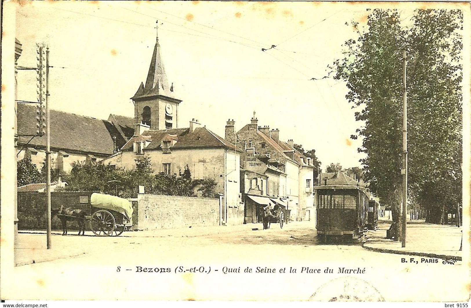 95 BEZONS QUAI DE SEINE ET PLACE DU MARCHE TRAM DEVANT LE CAFE ATTELAGES TOUTES PREMIERES COULEURS 1906 - Bezons