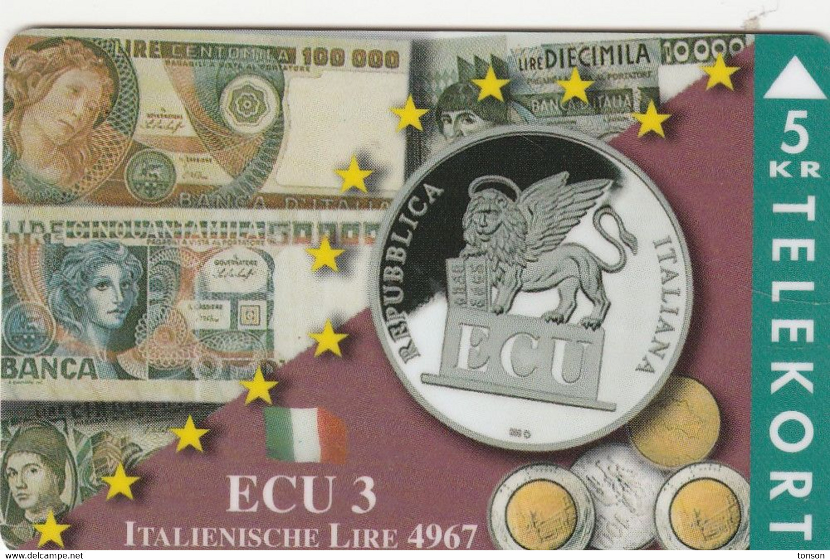 Denmark, TP 086B, Ecu Series - Italy, Coins, Notes, Flag, Mint Only 1200 Issued, 2 Scans. - Danemark