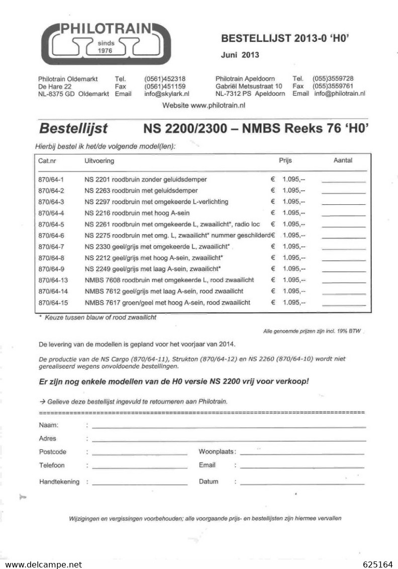 Catalogue PHILOTRAIN 2013 -0 Juni Spoor HO Bestellijst ONLY Preislist - Niederländisch