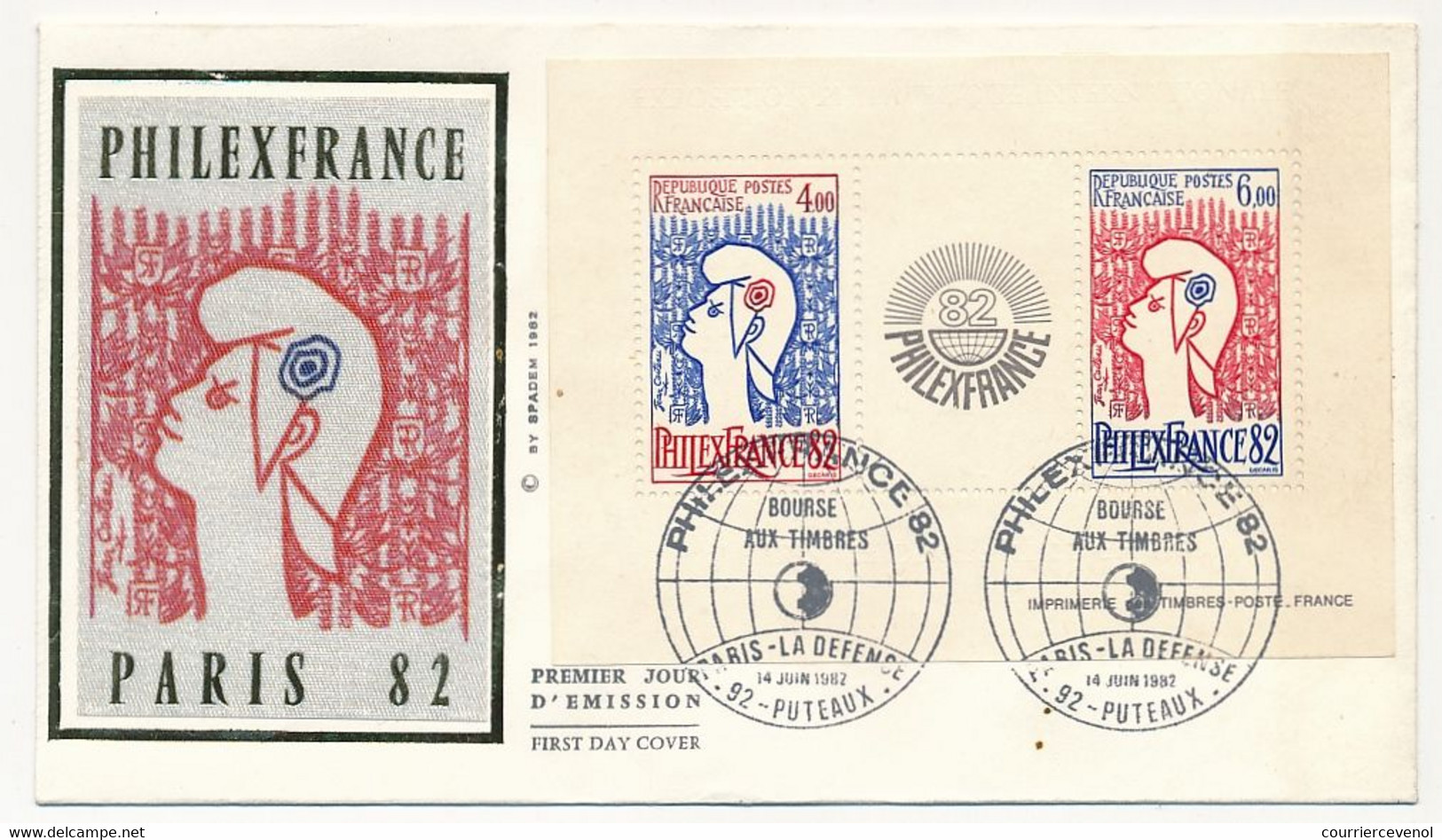 FRANCE - FDC BLOC N°8 PARIS PHILEXFRANCE 82 Marianne Cocteau - 11/6/1982  Et 14/6/1982 Bourse Aux T - 1980-1989