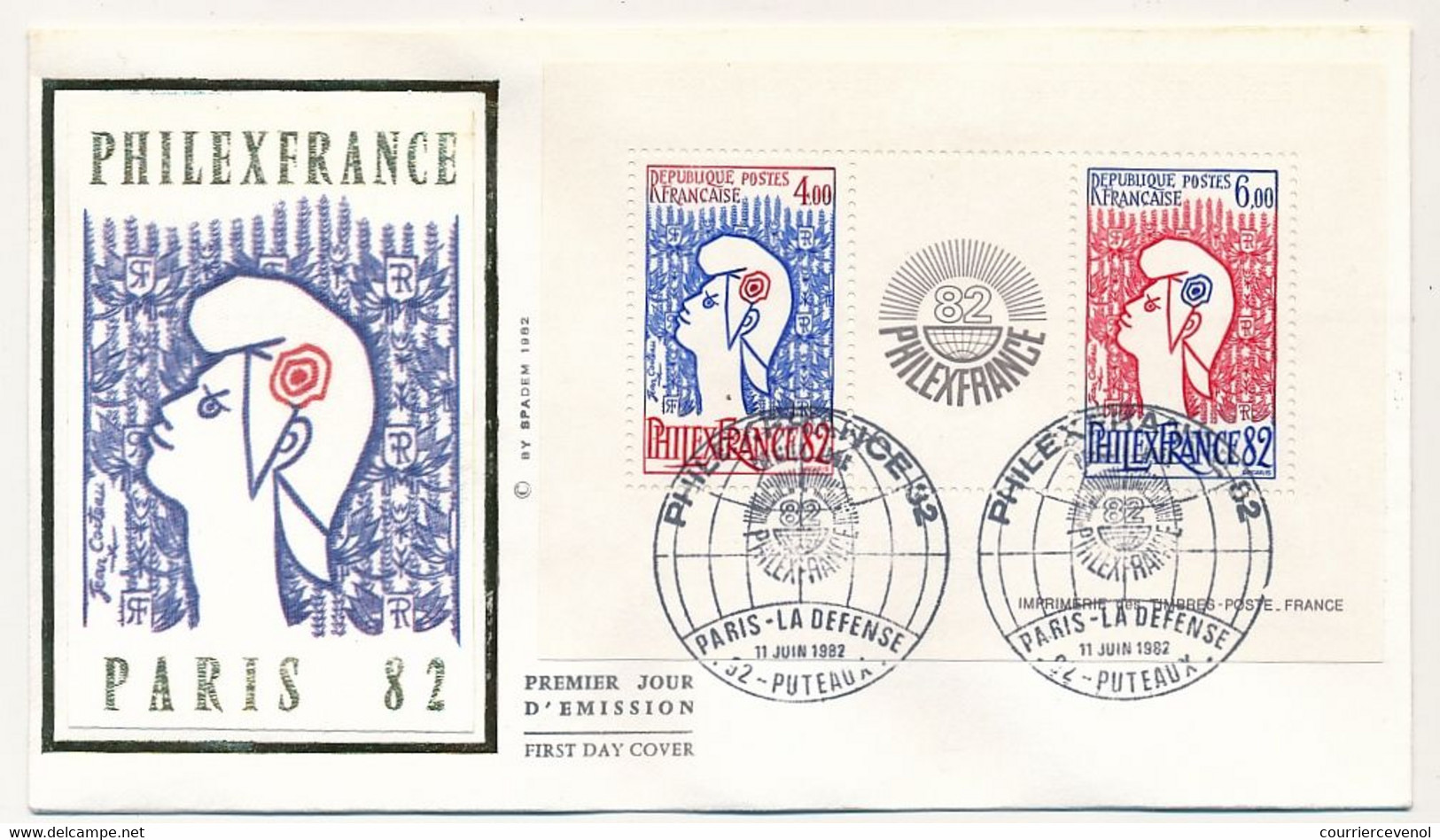 FRANCE - FDC BLOC N°8 PARIS PHILEXFRANCE 82 Marianne Cocteau - 11/6/1982  Et 14/6/1982 Bourse Aux T - 1980-1989