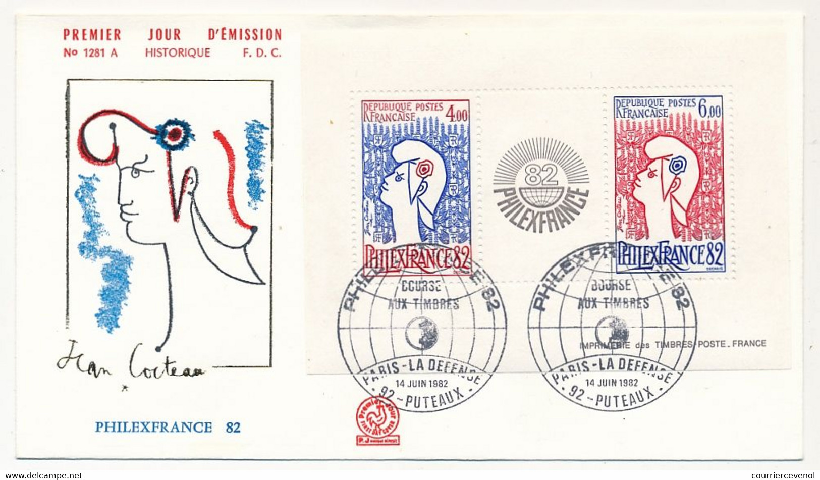 FRANCE - FDC BLOC N°8 PARIS PHILEXFRANCE 82 Marianne Cocteau - 11/6/1982  Et 14/6/1982 Bourse Aux T - 1980-1989