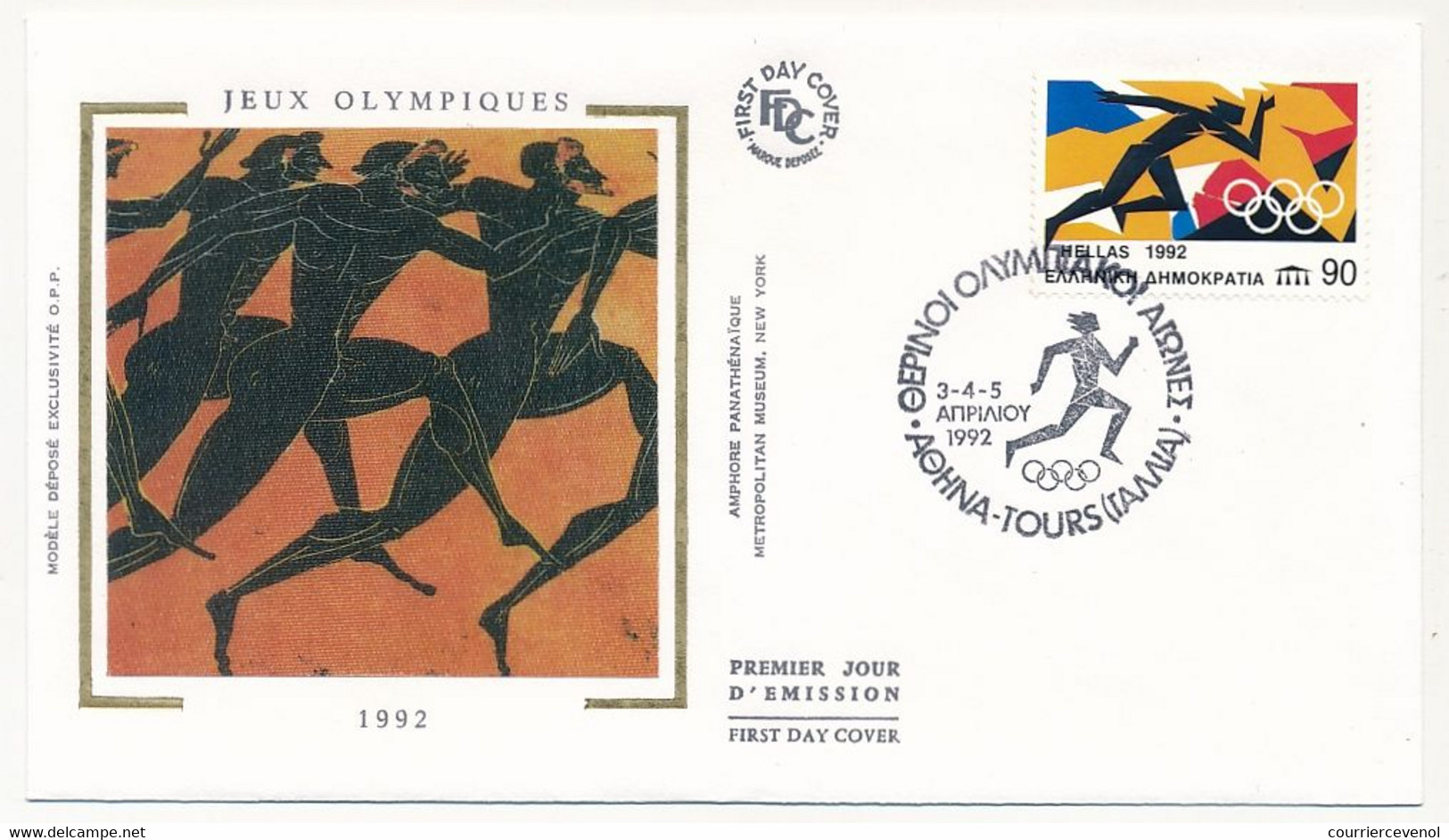 FRANCE => 2 Env. FDC - Jeux Olympiques D'été 1992 - Timbres Grec Et Français  - Obl TOURS 3/4/1992 - 1990-1999