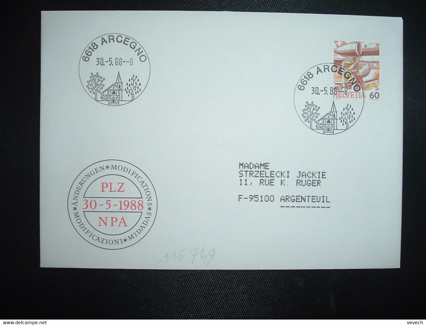 LETTRE TP POSTE AVION 60 OBL.30 5 88 6618 ARCEGNO - Postmark Collection