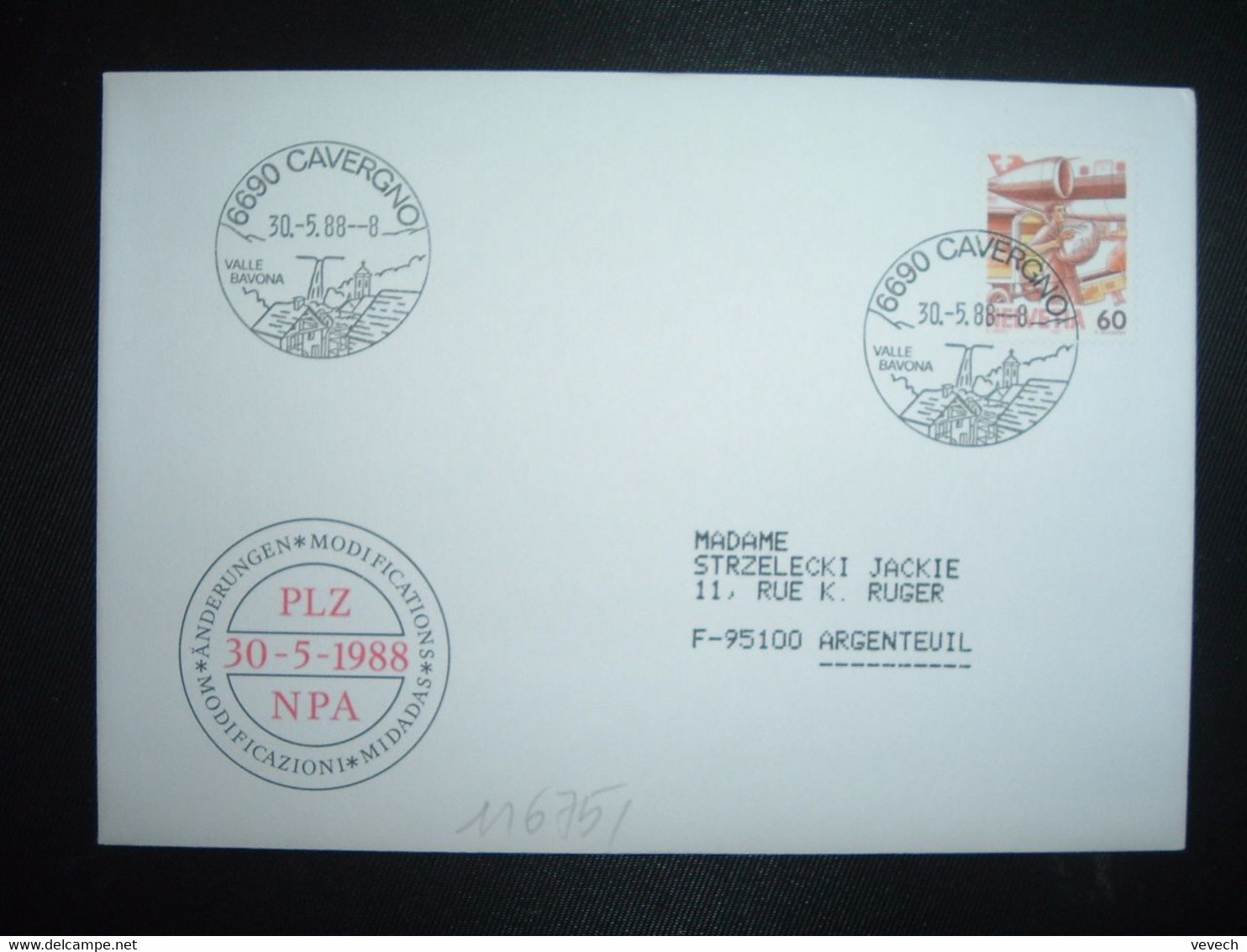 LETTRE TP POSTE AVION 60 OBL.30 5 88 6690 CAVERGNO VALLE VAVONA - Postmark Collection