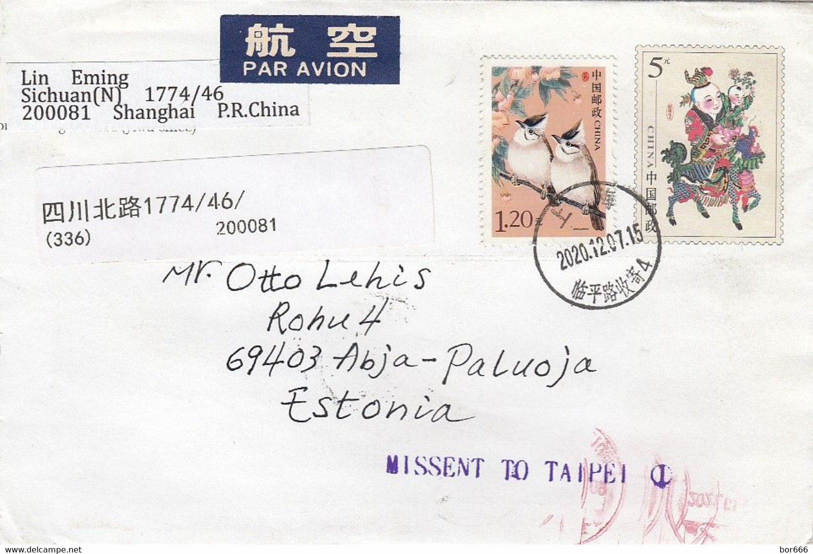 GOOD CHINA Postal Cover To ESTONIA 2020 - Good Stamped: Birds - Missent To Taipei - Briefe U. Dokumente