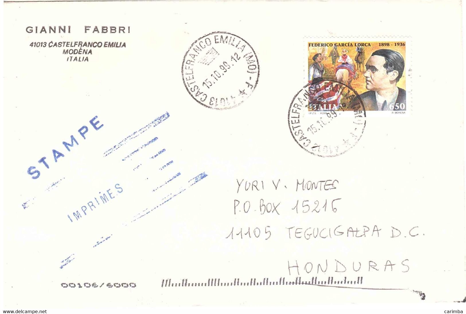 1999 £650 GARCIA LORCA SU STAMPE X ESTERO HONDURAS - 1991-00: Storia Postale