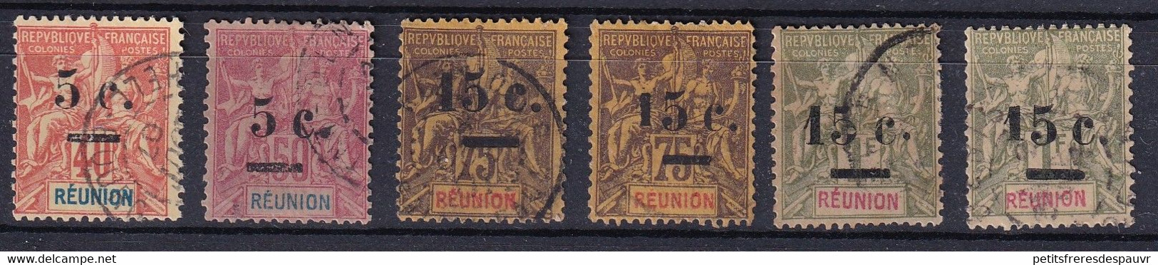 Réunion 1901 - Type Groupe YT N°52/55 + 54d, 55b Oblitérés - Cote 185€ - Used Stamps