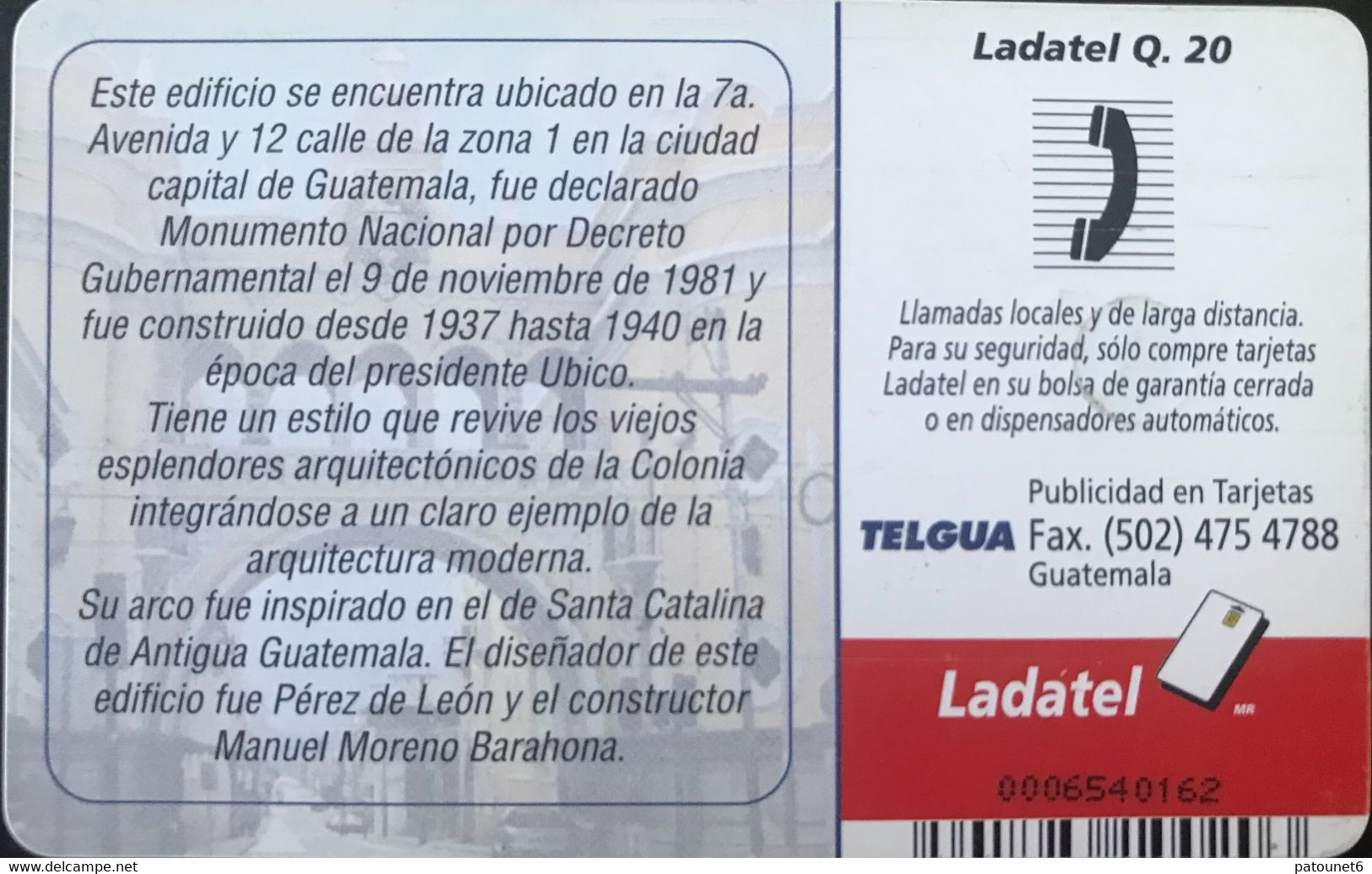 GUATEMALA  -  Phonecard  -  Telgua  - Correos Y Telegrafos  -  Ladatel Q.20 - Guatemala