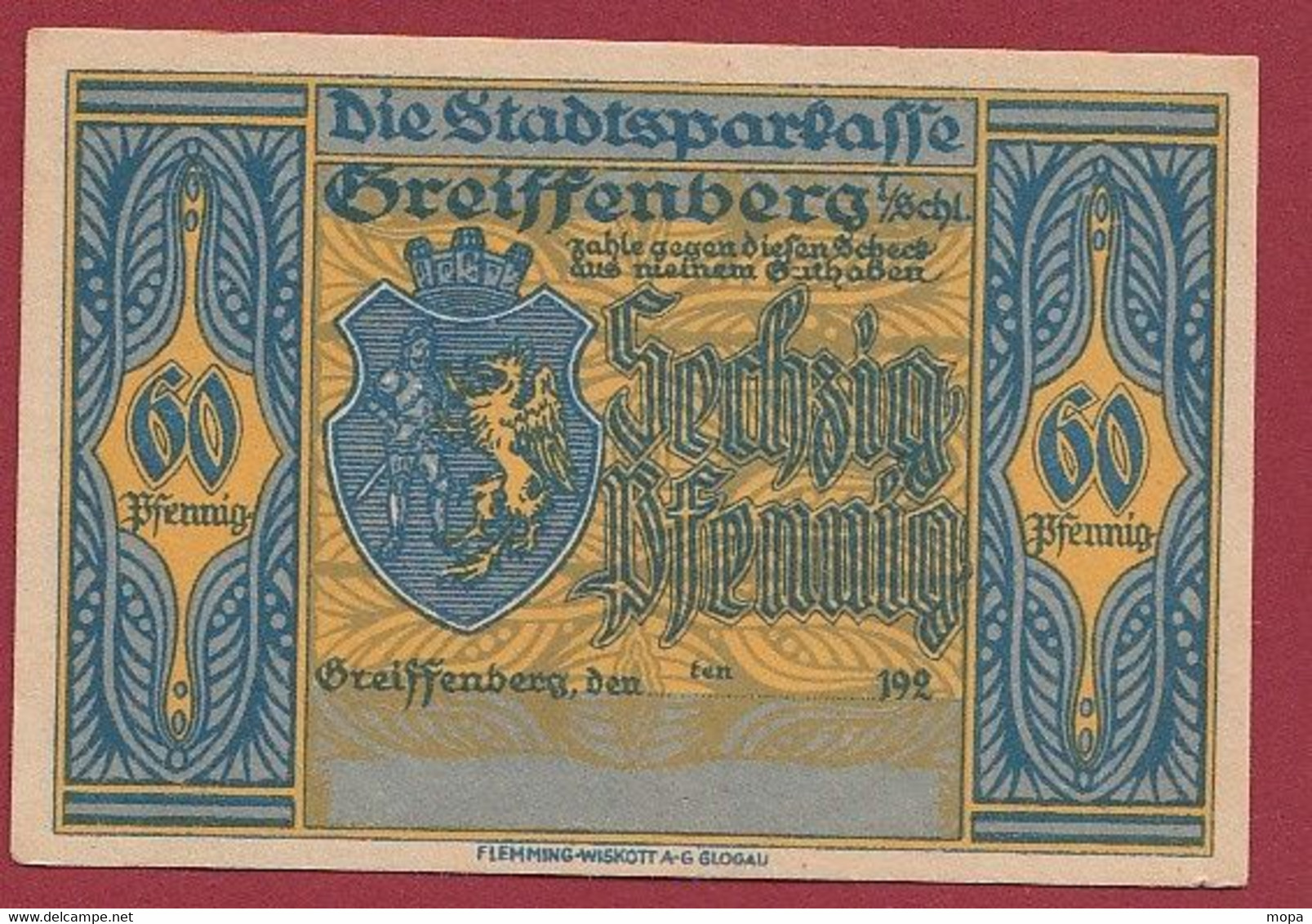 Allemagne 1 Notgeld  De 60 Pf  Stadt  Greiffenberg  (Pologne-Gryfow)  ( RARE) Dans L 'état   Lot N °344 - Colecciones