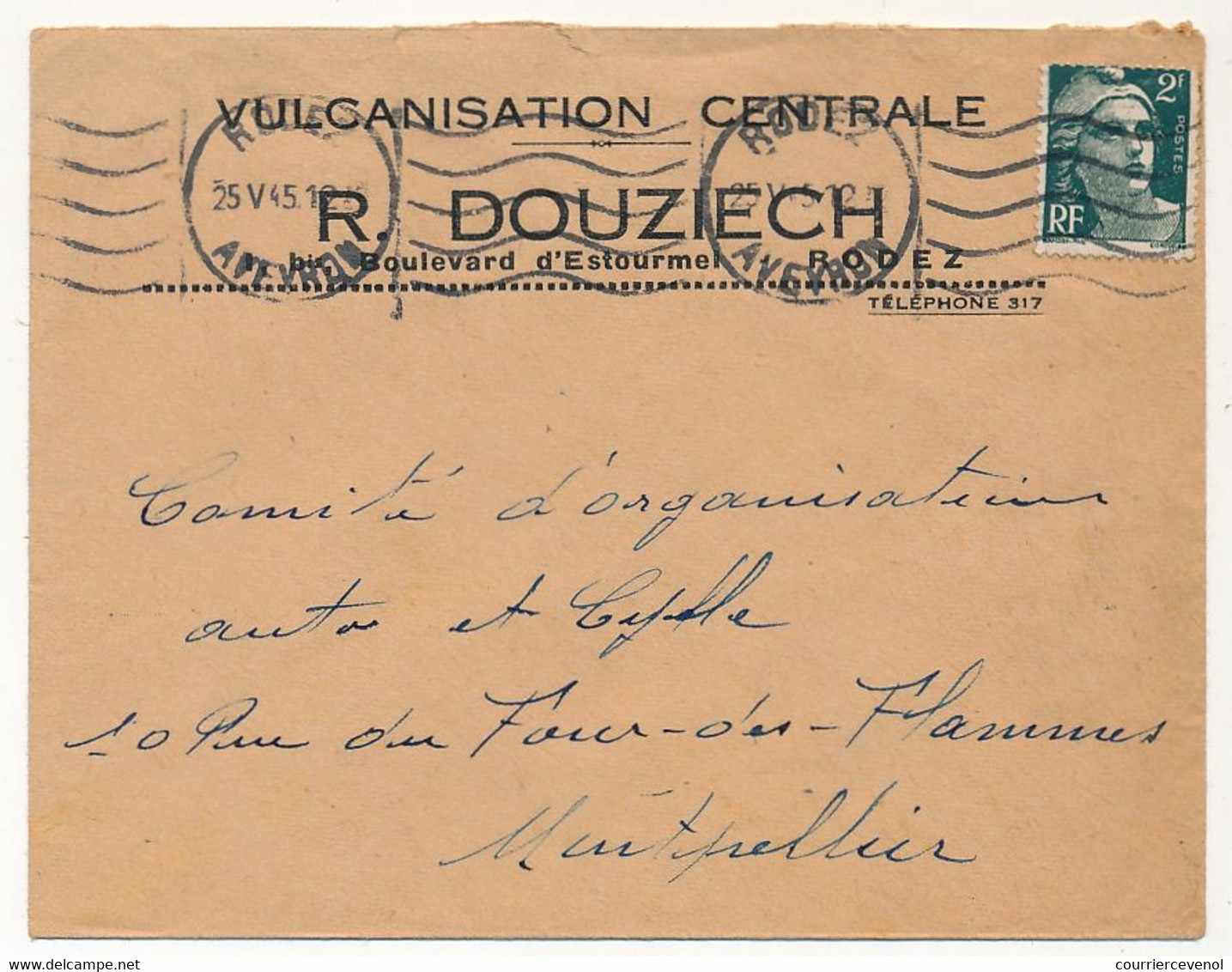 FRANCE - Env. En-tête "Vulcanisation Centrale" R.DOUZIECH - RODEZ (Aveyron) Affr 2F Gandon 1945 - Automovilismo