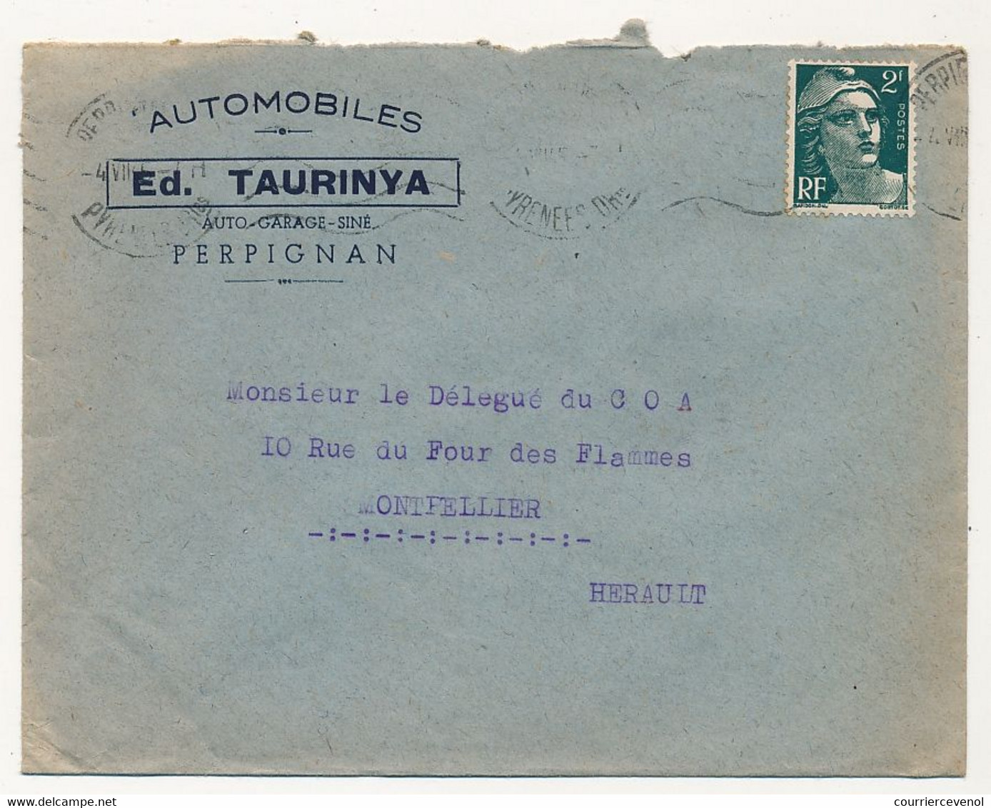 FRANCE - Env. En-tête "AUTOMOBILES ED. TAURINYA - Perpignan Affr 2F Gandon 1945 - Automobile