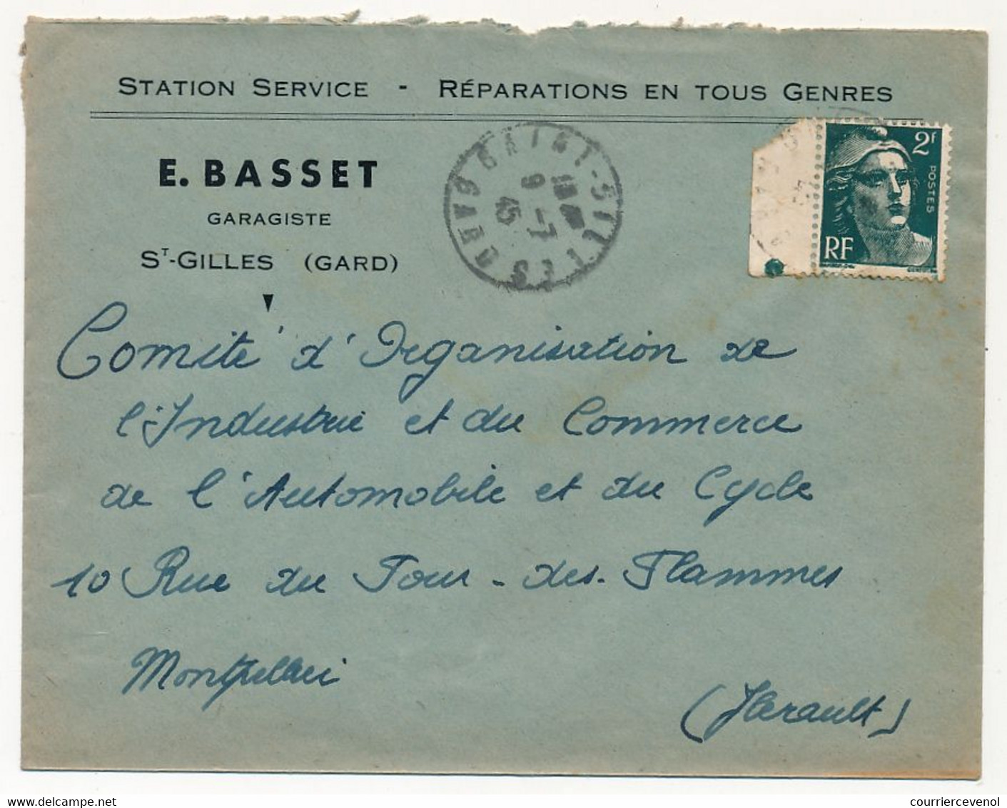 FRANCE - Env. En-tête "Station Service Réparations... E. BASSET Garagiste St Gilles (Gard) Affr 2F Gandon 1945 - Cars